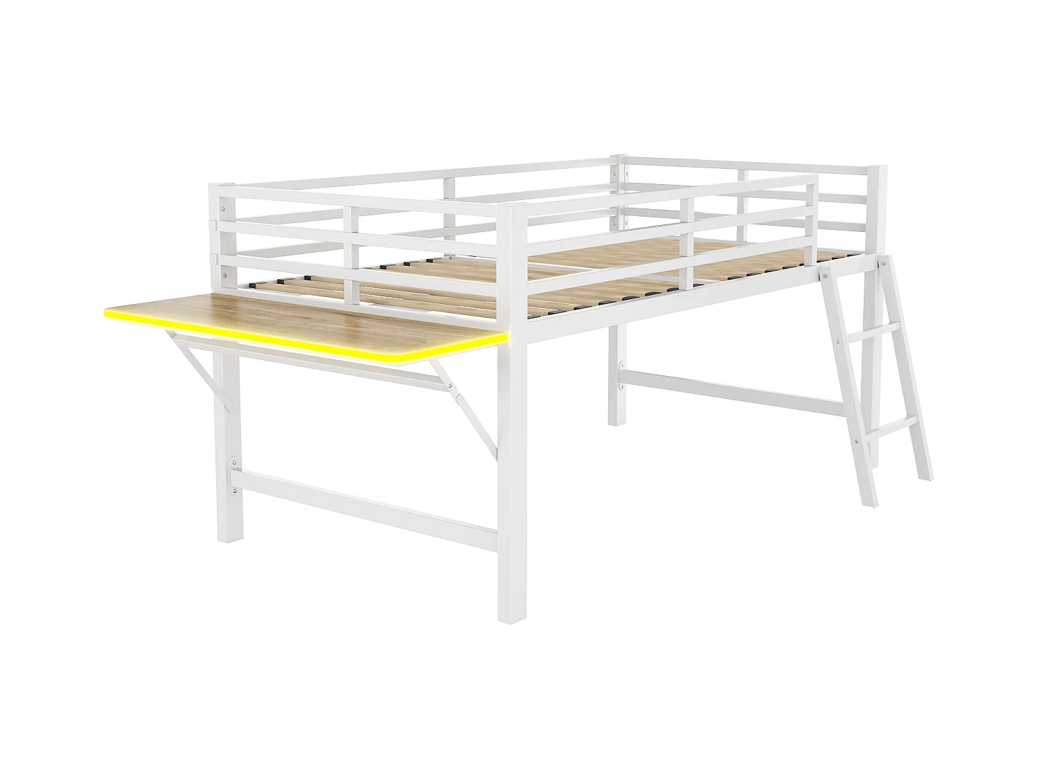 Lit mezzanine en métal 90x200 cm, avec barrière, échelle, bureau et bande LED télécommandée, blanc
