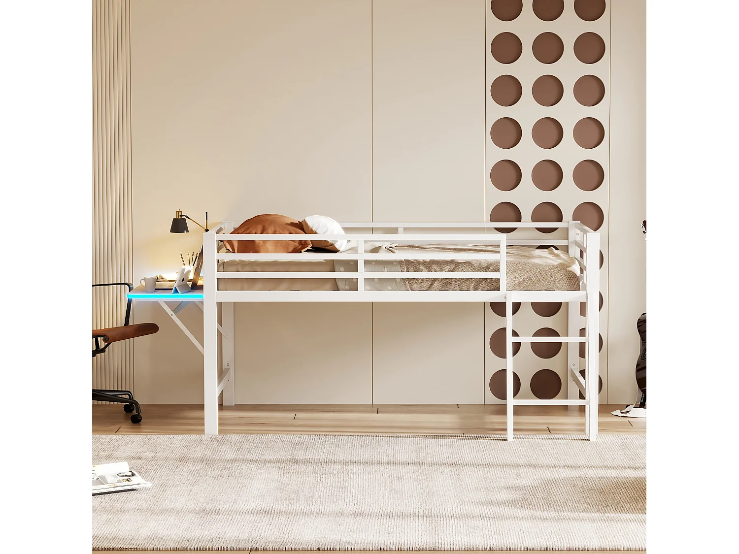 Lit mezzanine en métal 90x200 cm, avec barrière, échelle, bureau et bande LED télécommandée, blanc