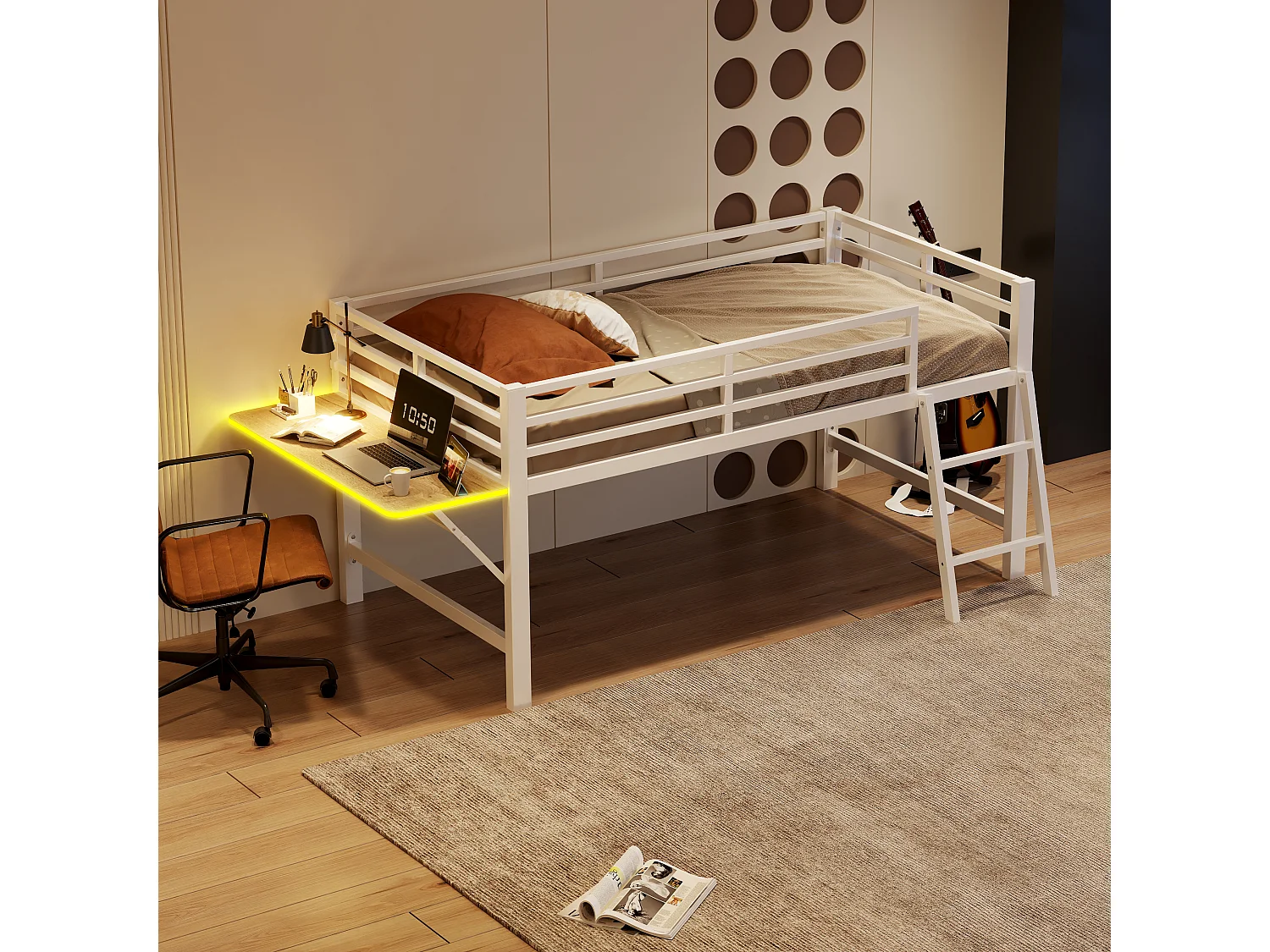 Lit mezzanine en métal 90x200 cm, avec barrière, échelle, bureau et bande LED télécommandée, blanc