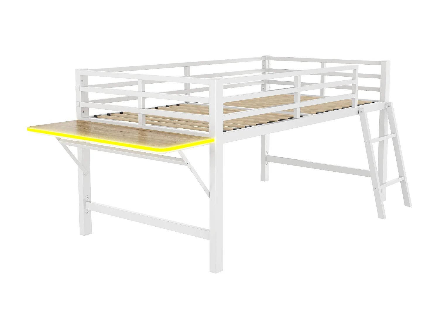 Lit mezzanine en métal 90x200 cm, avec barrière, échelle, bureau et bande LED télécommandée, blanc