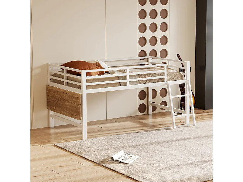 Lit mezzanine en métal 90x200 cm, avec barrière, échelle, bureau et bande LED télécommandée, blanc