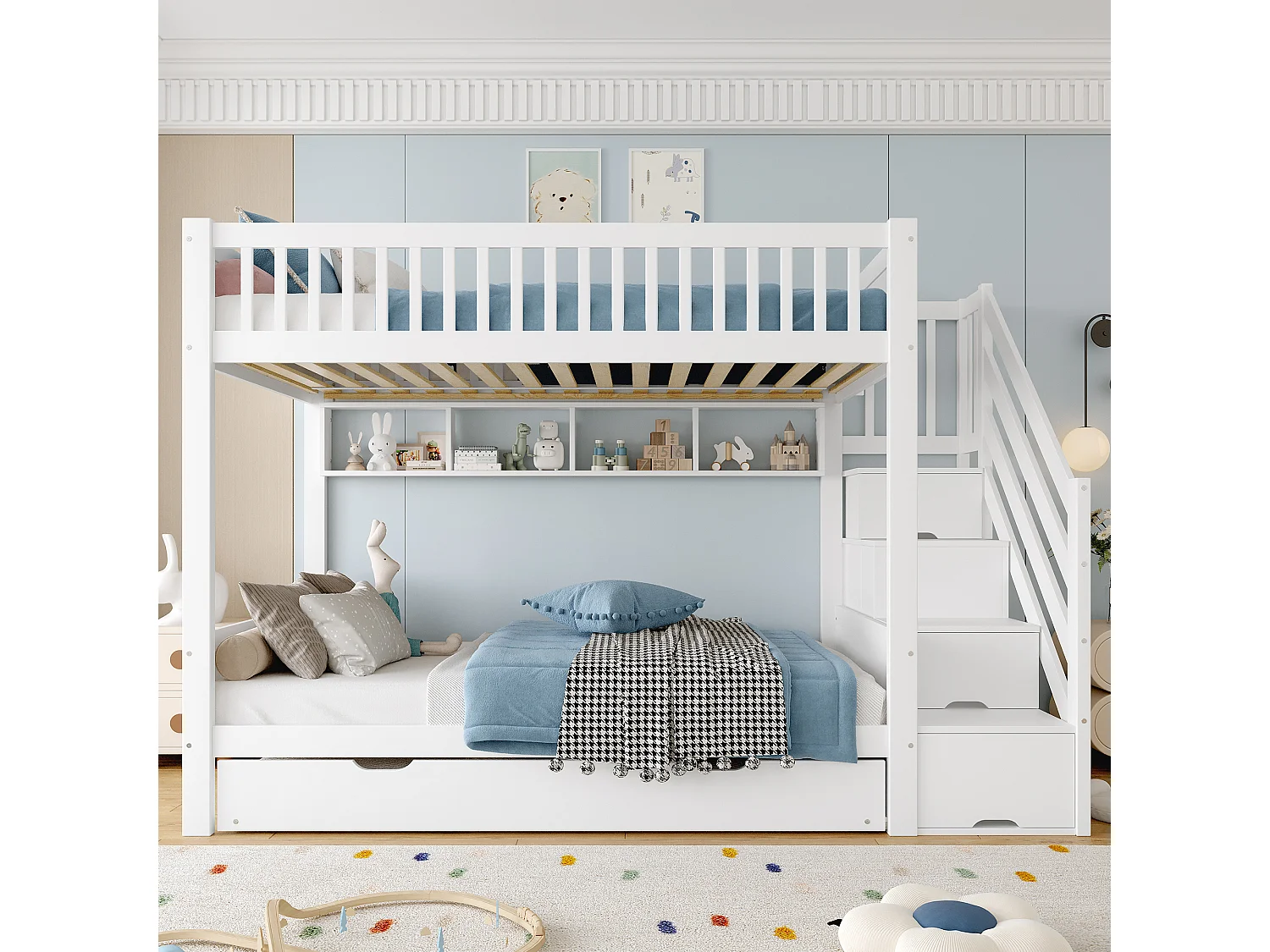 Lit superposé 90x200 cm, lit enfant avec lit escamotable, étagère, armoire et rangement, sans matelas, Blanc