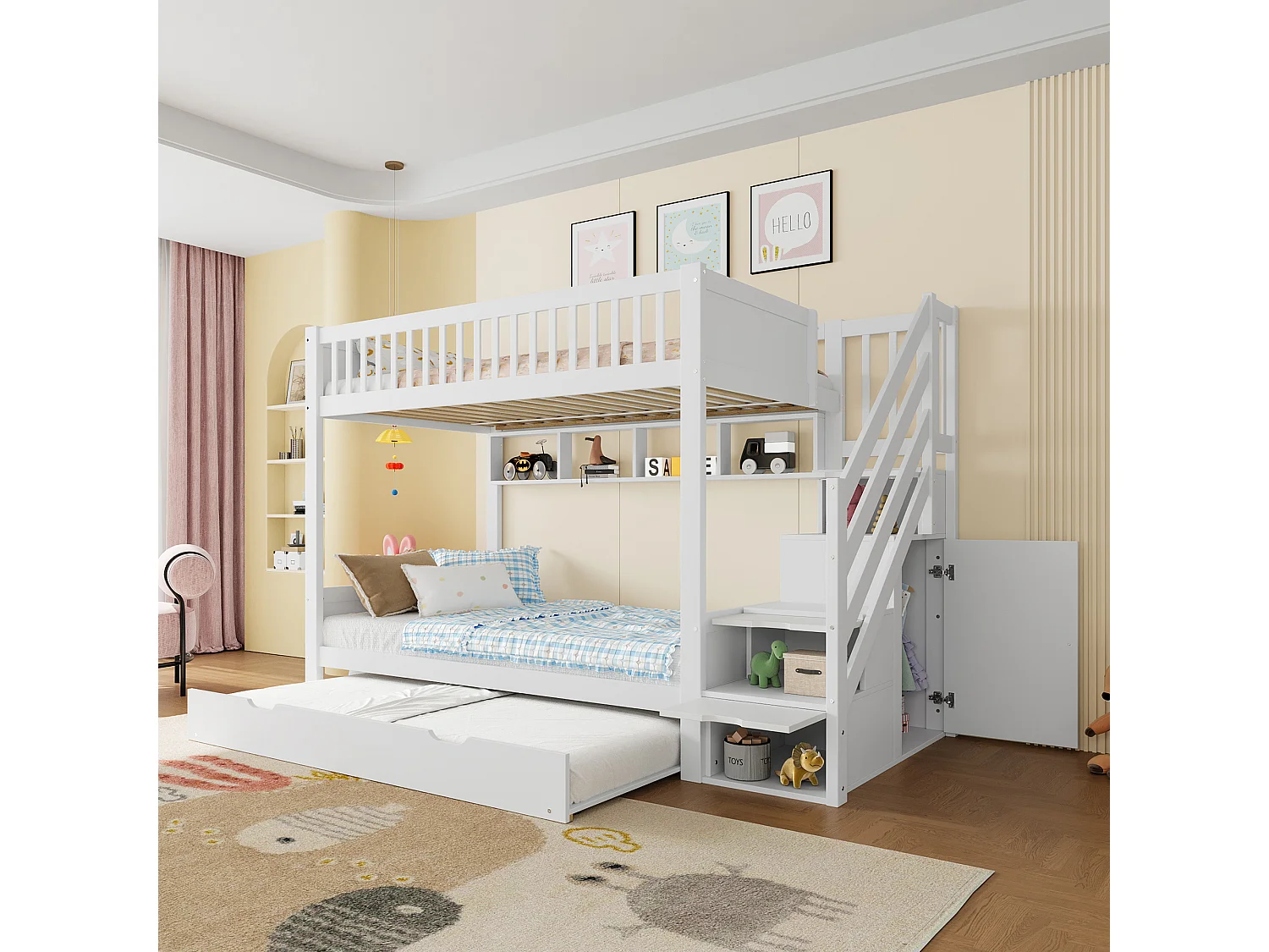 Lit superposé 90x200 cm, lit enfant avec lit escamotable, étagère, armoire et rangement, sans matelas, Blanc