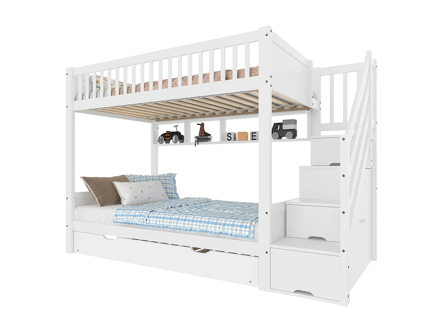 Lit superposé 90x200 cm, lit enfant avec lit escamotable, étagère, armoire et rangement, sans matelas, Blanc