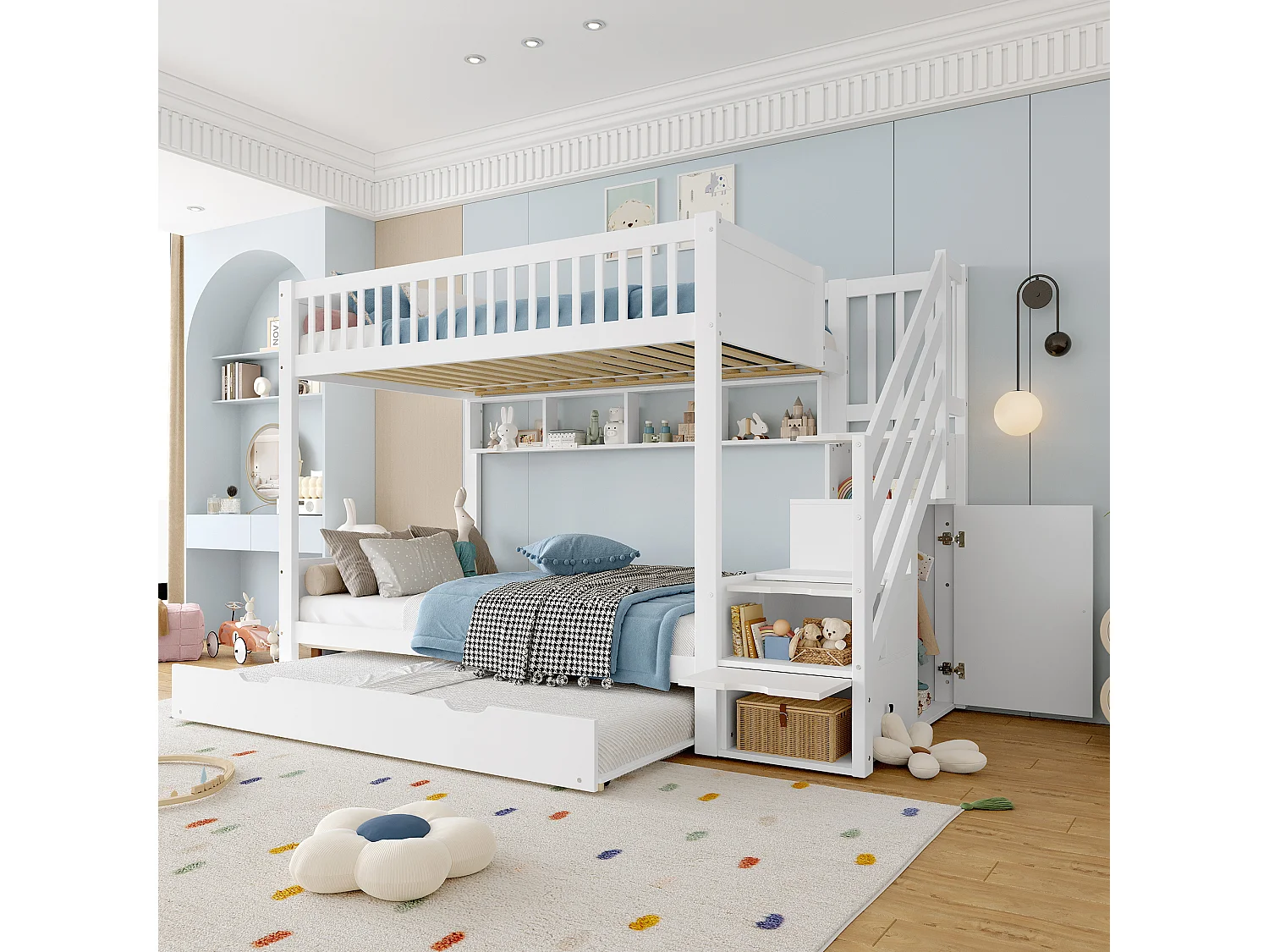 Lit superposé 90x200 cm, lit enfant avec lit escamotable, étagère, armoire et rangement, sans matelas, Blanc