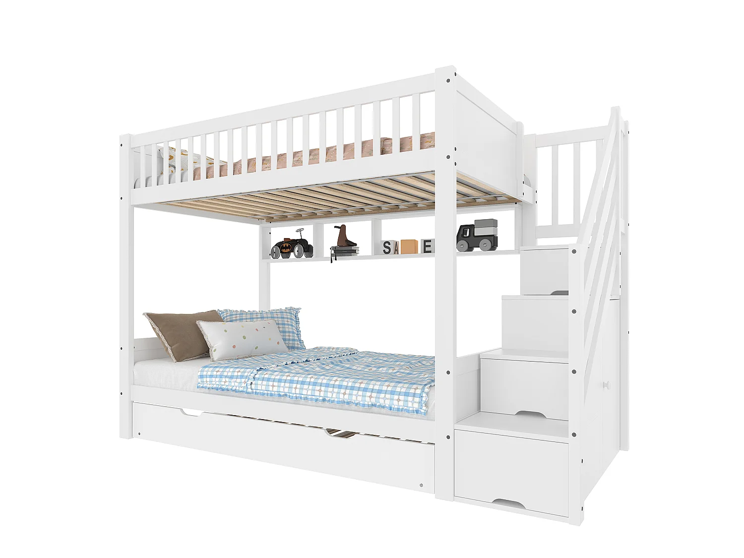 Lit superposé 90x200 cm, lit enfant avec lit escamotable, étagère, armoire et rangement, sans matelas, Blanc