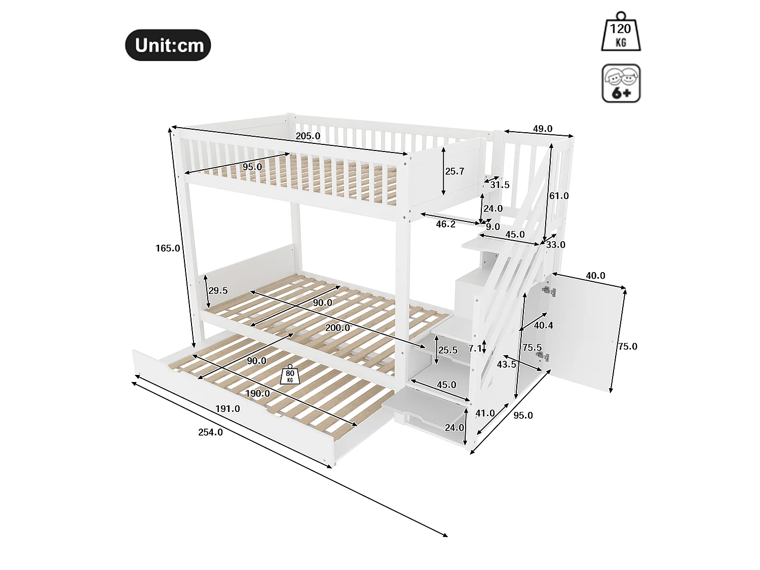 Lit superposé 90x200 cm, lit enfant avec lit escamotable, étagère, armoire et rangement, sans matelas, Blanc