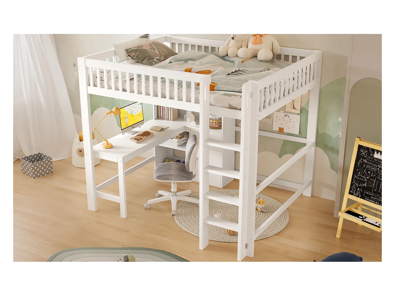 Lit Mezzanine 140 x 200 cm, avec Rangements, Échelle, Bureau, 3 Tiroirs, sans Matelas, Blanc