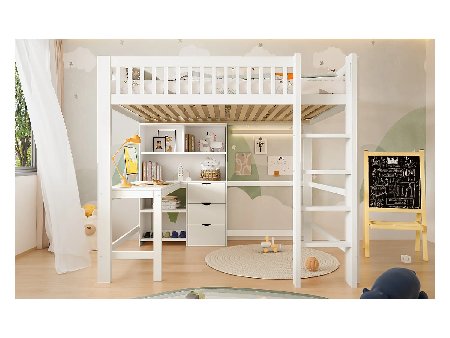 Lit Mezzanine 140 x 200 cm, avec Rangements, Échelle, Bureau, 3 Tiroirs, sans Matelas, Blanc