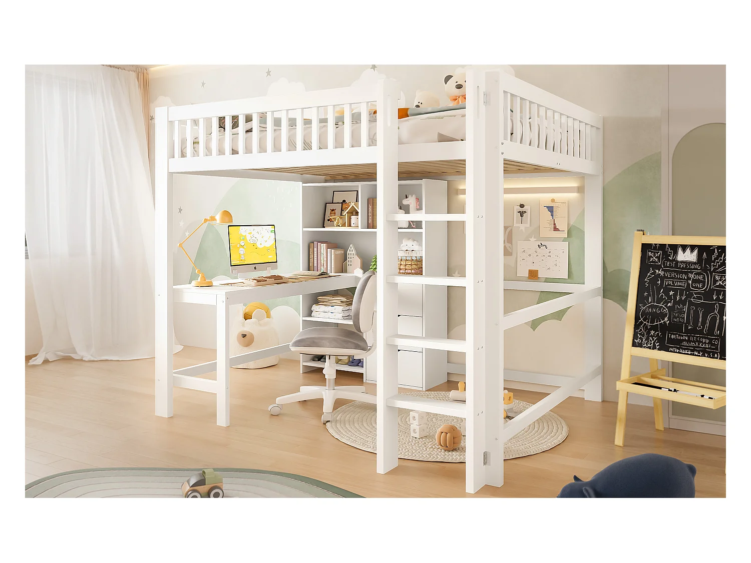 Lit Mezzanine 140 x 200 cm, avec Rangements, Échelle, Bureau, 3 Tiroirs, sans Matelas, Blanc