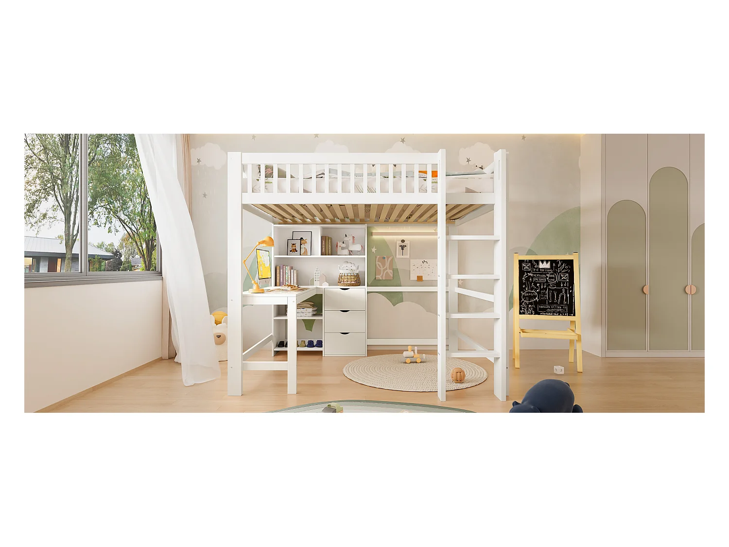 Lit Mezzanine 140 x 200 cm, avec Rangements, Échelle, Bureau, 3 Tiroirs, sans Matelas, Blanc