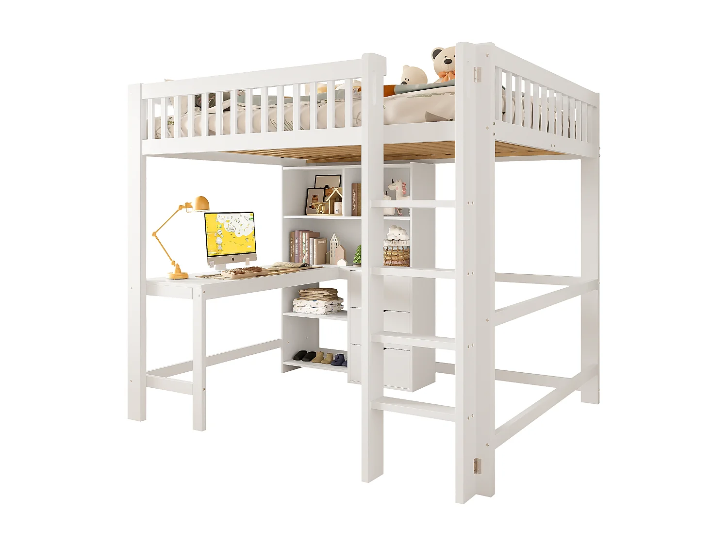 Lit Mezzanine 140 x 200 cm, avec Rangements, Échelle, Bureau, 3 Tiroirs, sans Matelas, Blanc