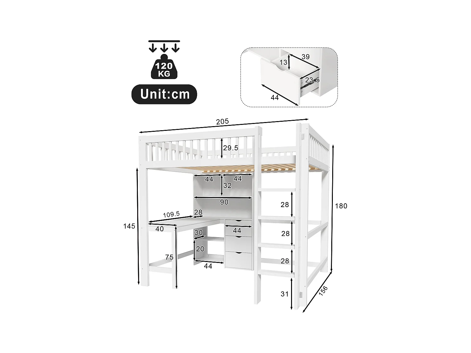 Lit Mezzanine 140 x 200 cm, avec Rangements, Échelle, Bureau, 3 Tiroirs, sans Matelas, Blanc