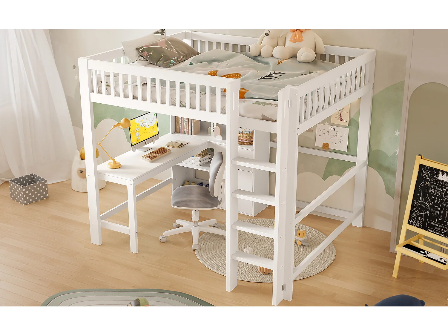 Lit Mezzanine 140 x 200 cm, avec Rangements, Échelle, Bureau, 3 Tiroirs, sans Matelas, Blanc