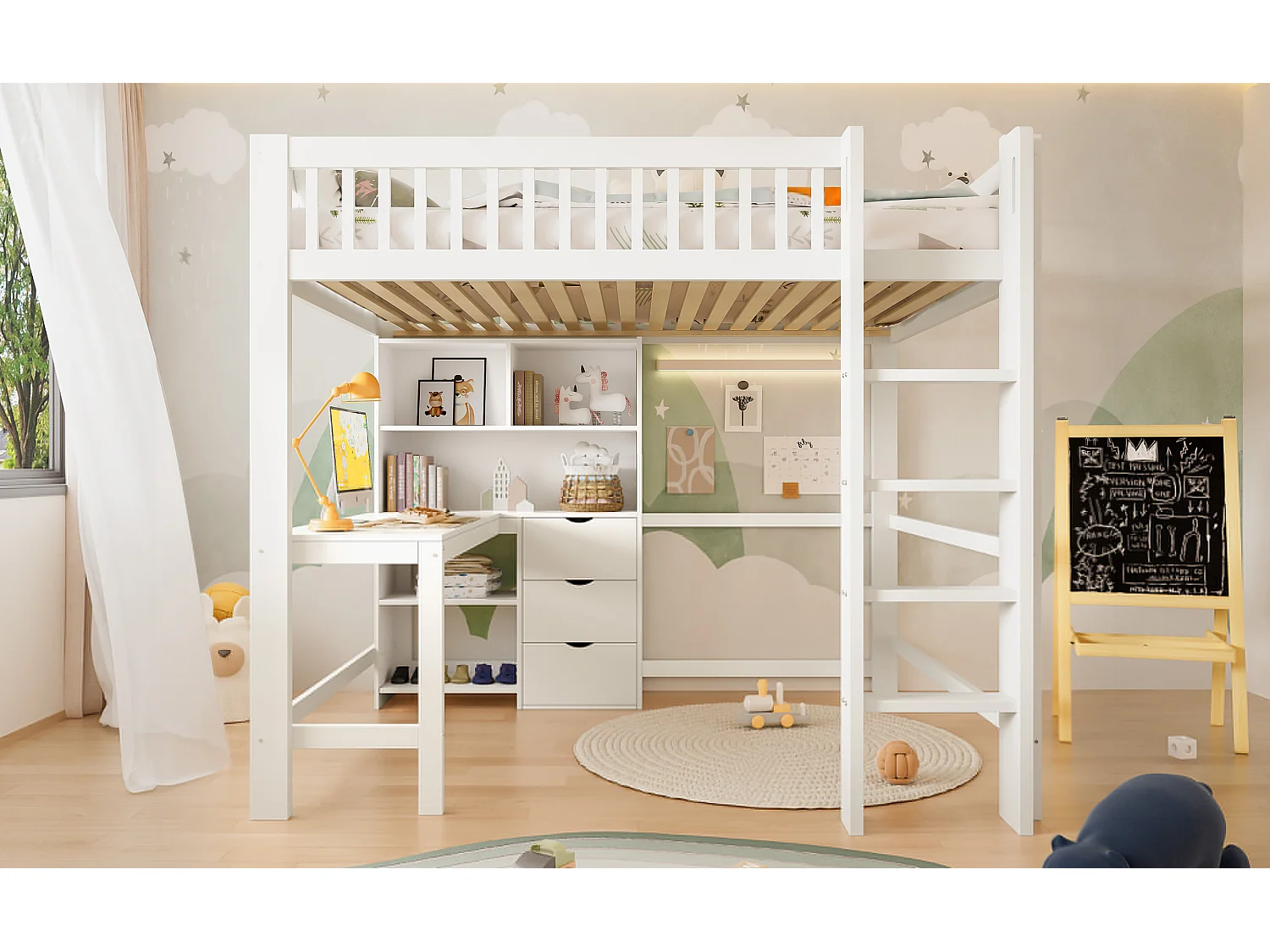 Lit Mezzanine 140 x 200 cm, avec Rangements, Échelle, Bureau, 3 Tiroirs, sans Matelas, Blanc