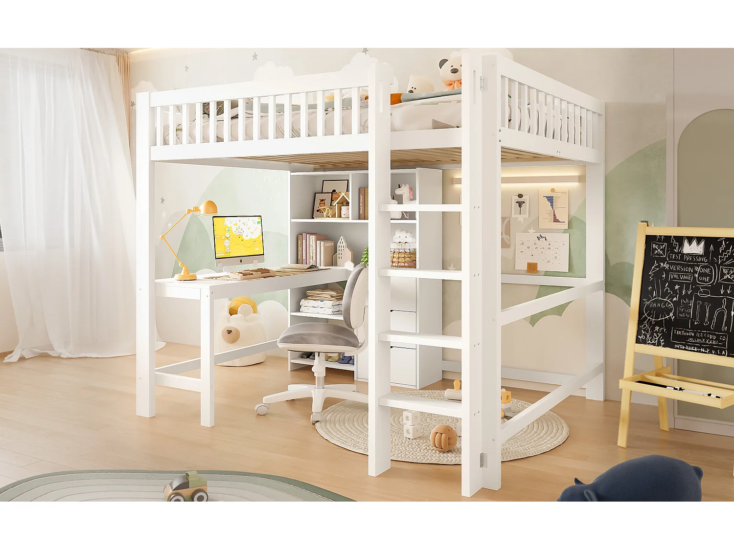 Lit Mezzanine 140 x 200 cm, avec Rangements, Échelle, Bureau, 3 Tiroirs, sans Matelas, Blanc