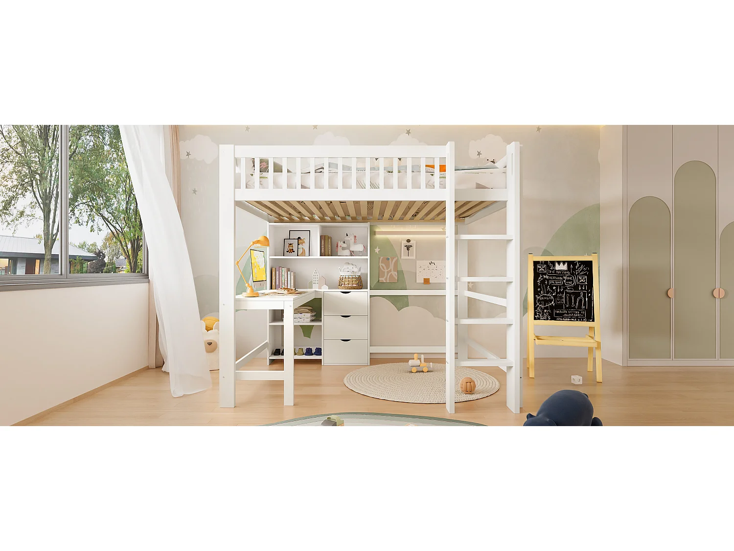 Lit Mezzanine 140 x 200 cm, avec Rangements, Échelle, Bureau, 3 Tiroirs, sans Matelas, Blanc