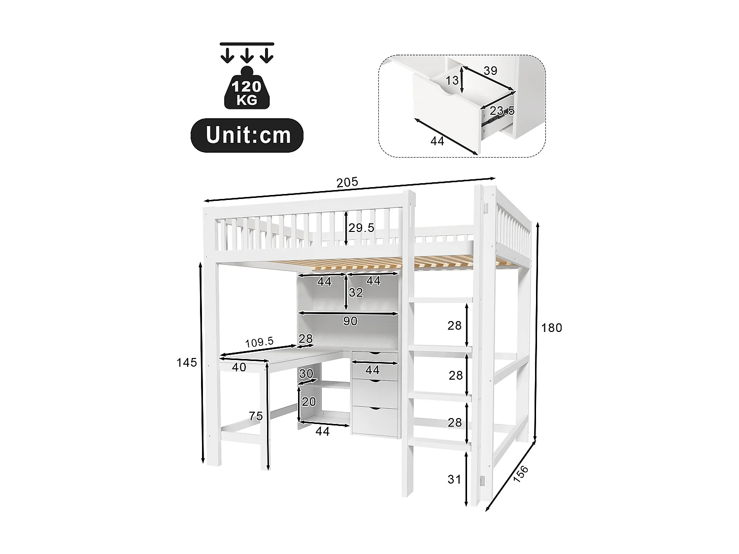 Lit Mezzanine 140 x 200 cm, avec Rangements, Échelle, Bureau, 3 Tiroirs, sans Matelas, Blanc