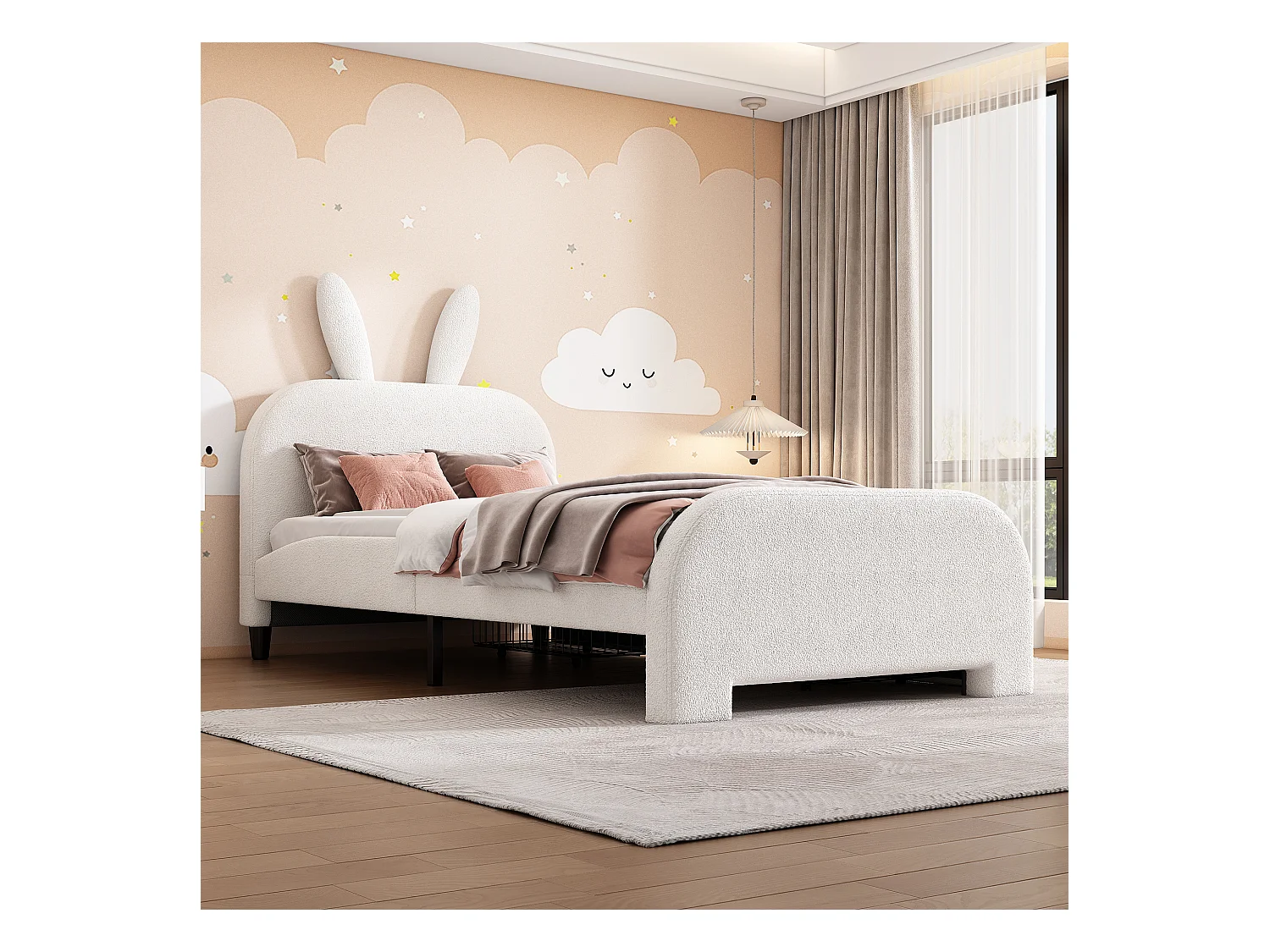 Lit rembourré 90x200 cm blanc, design lapin cartoon, tissu laine résistant, 2 tiroirs de rangement, sans matelas