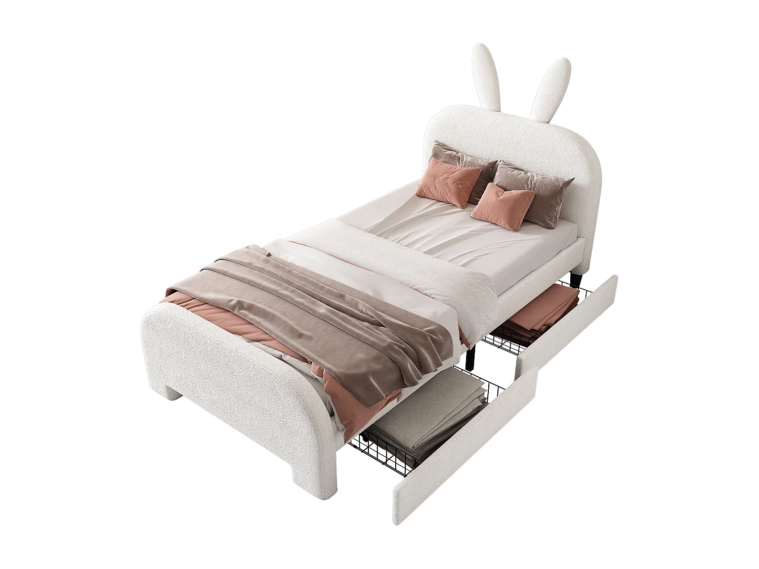 Lit rembourré 90x200 cm blanc, design lapin cartoon, tissu laine résistant, 2 tiroirs de rangement, sans matelas