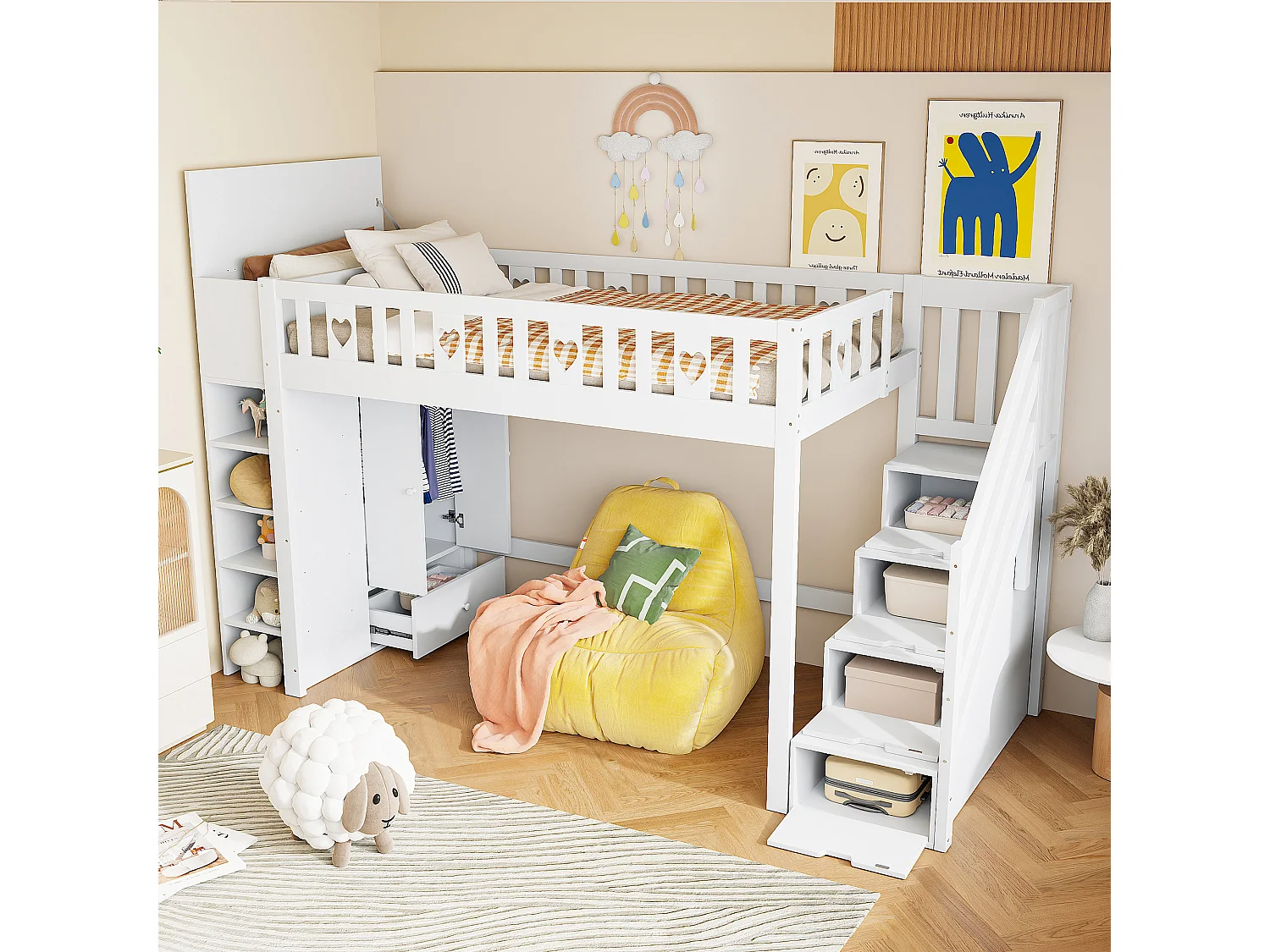 Lit mezzanine 90x200 cm en bois blanc, avec étagères, échelle de rangement, armoire pliante et garde-corps en forme de cœur