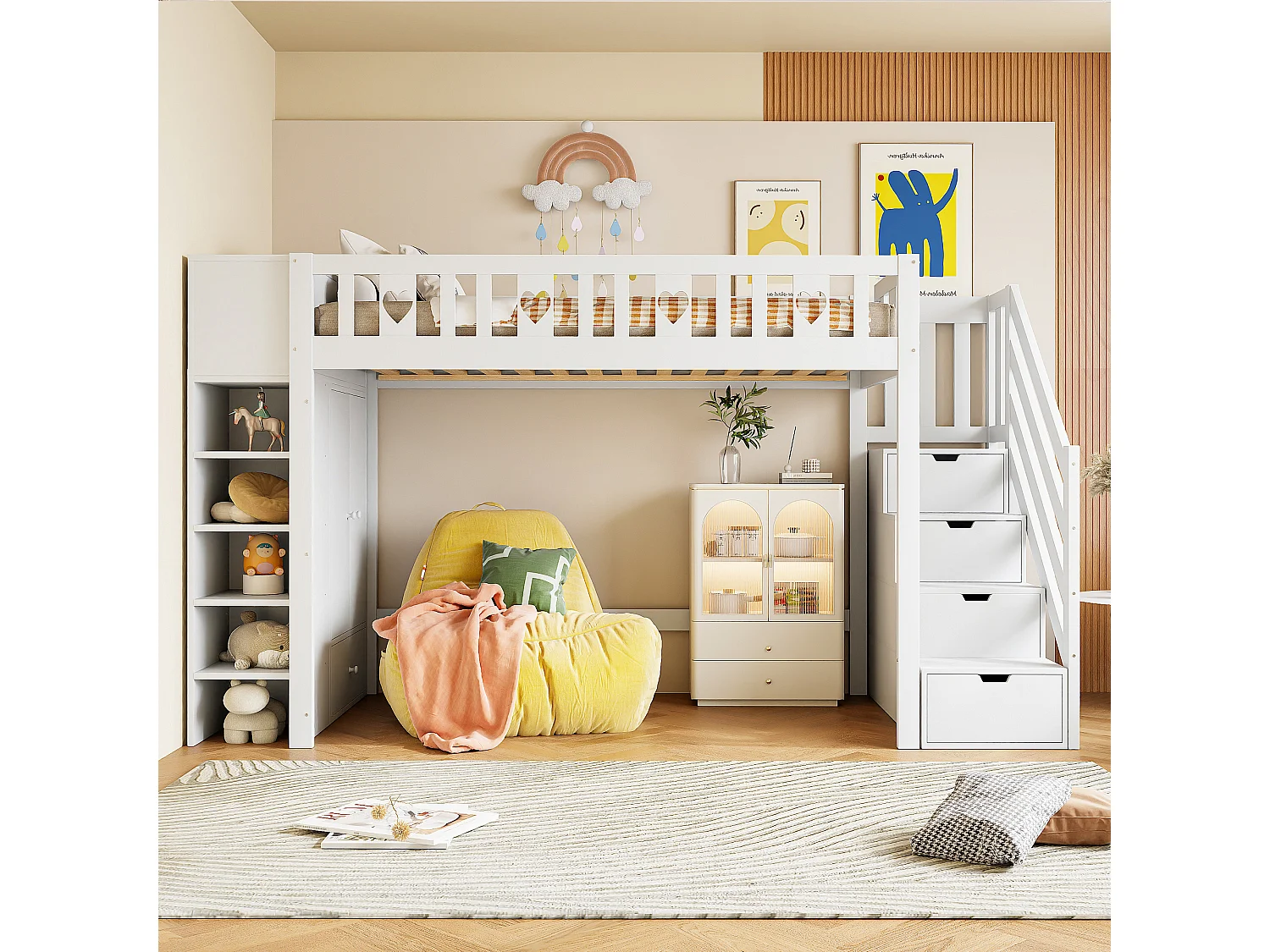 Lit mezzanine 90x200 cm en bois blanc, avec étagères, échelle de rangement, armoire pliante et garde-corps en forme de cœur