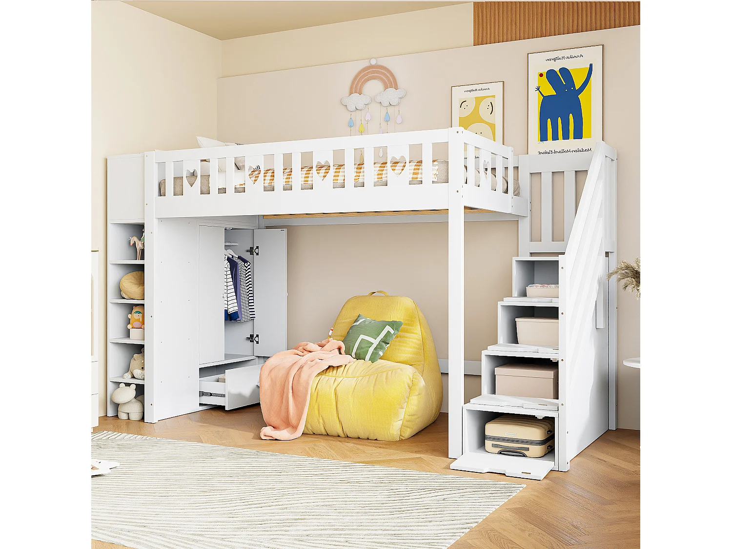 Lit mezzanine 90x200 cm en bois blanc, avec étagères, échelle de rangement, armoire pliante et garde-corps en forme de cœur
