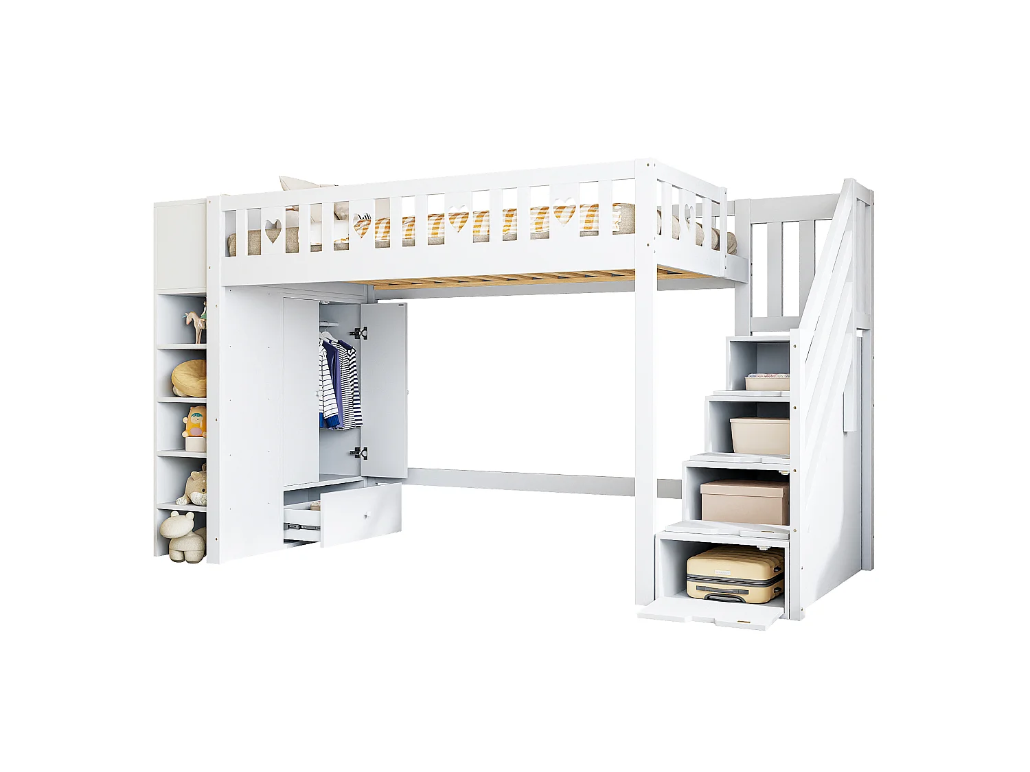 Lit mezzanine 90x200 cm en bois blanc, avec étagères, échelle de rangement, armoire pliante et garde-corps en forme de cœur