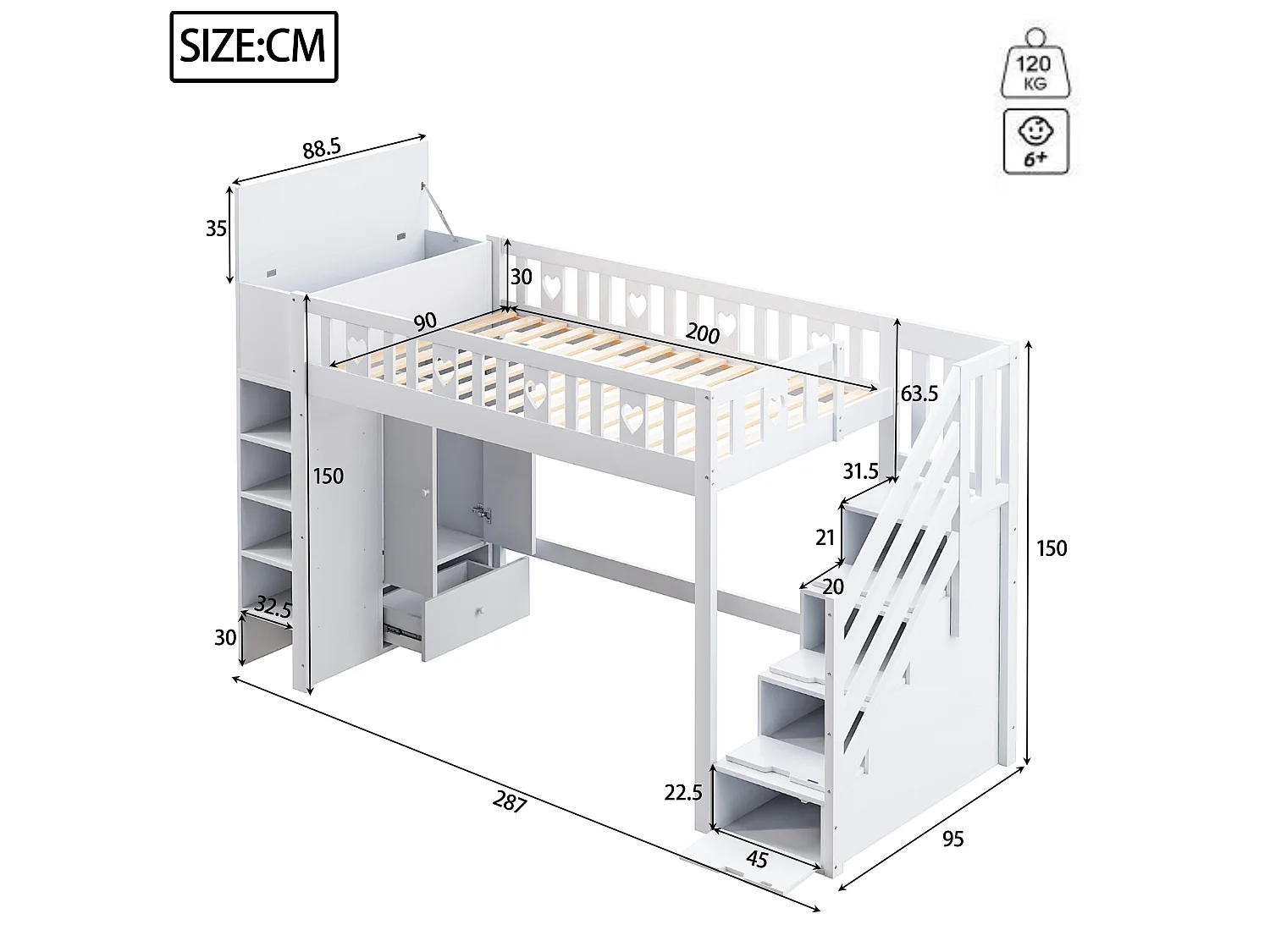 Lit mezzanine 90x200 cm en bois blanc, avec étagères, échelle de rangement, armoire pliante et garde-corps en forme de cœur