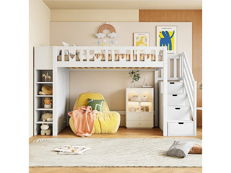 Lit mezzanine 90x200 cm en bois blanc, avec étagères, échelle de rangement, armoire pliante et garde-corps en forme de cœur