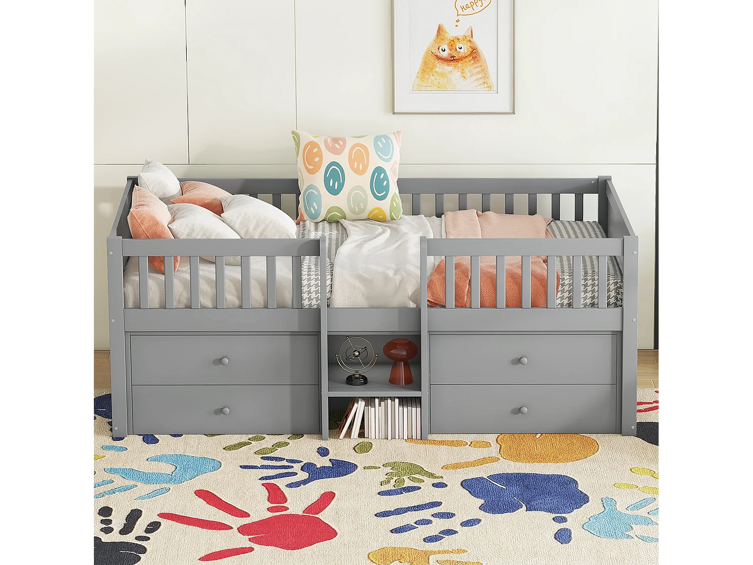 Lit mi-hauteur 90x200 cm gris en pin, avec 4 tiroirs, garde-corps, échelle et rangement, design simple et pratique