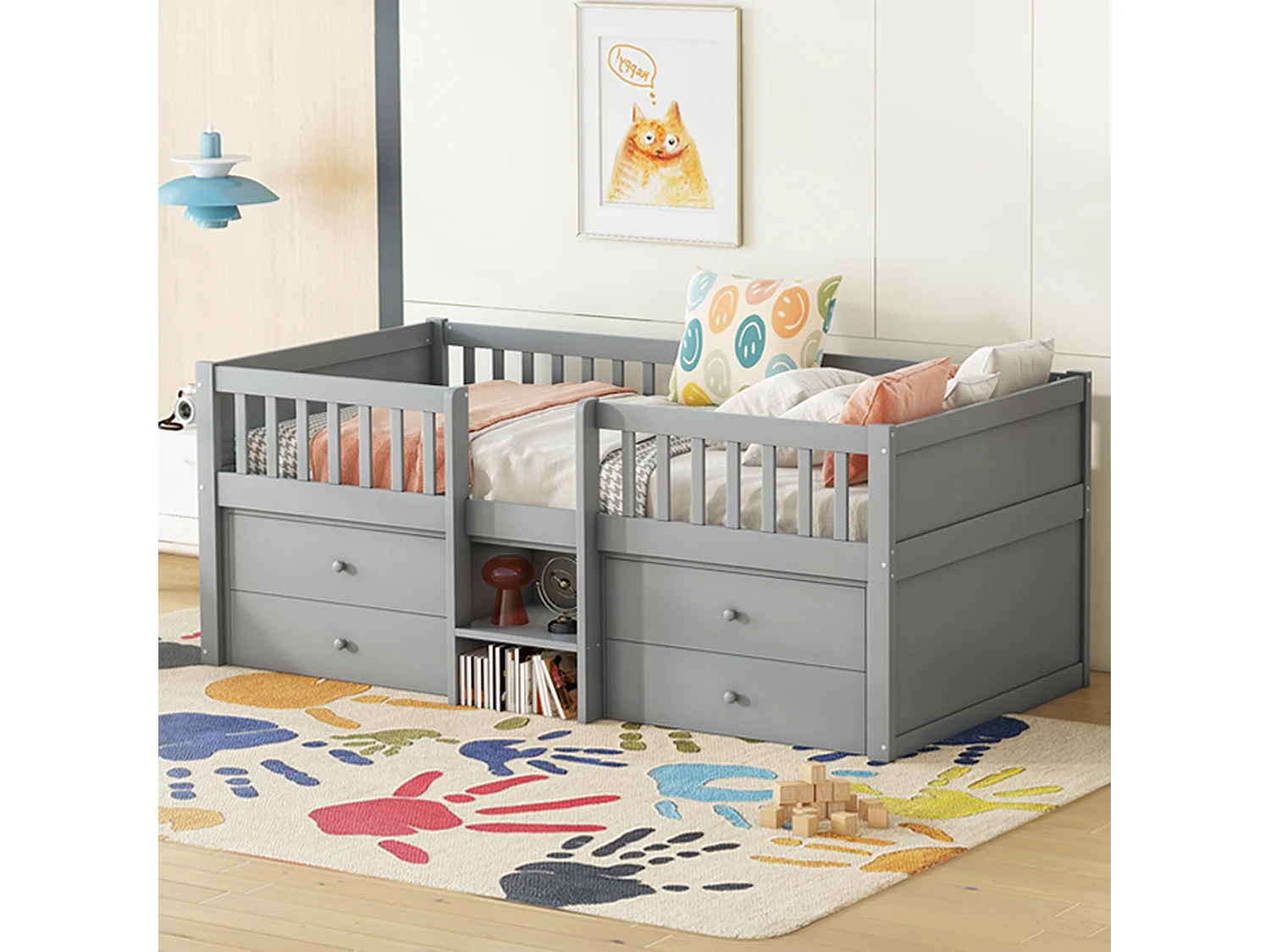 Lit mi-hauteur 90x200 cm gris en pin, avec 4 tiroirs, garde-corps, échelle et rangement, design simple et pratique
