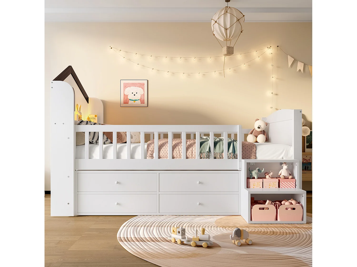 Lit mi-hauteur 90x200 cm en forme de maison avec fenêtres, 4 tiroirs, bande LED, échelle de rangement, sans matelas, Blanc