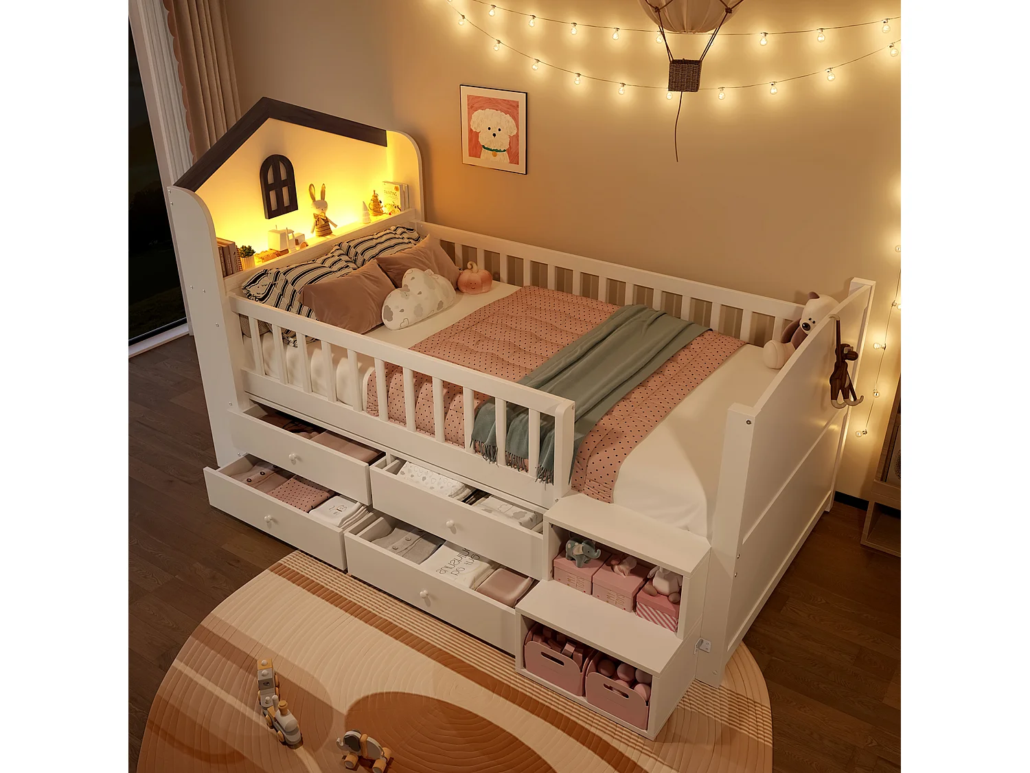 Lit mi-hauteur 90x200 cm en forme de maison avec fenêtres, 4 tiroirs, bande LED, échelle de rangement, sans matelas, Blanc