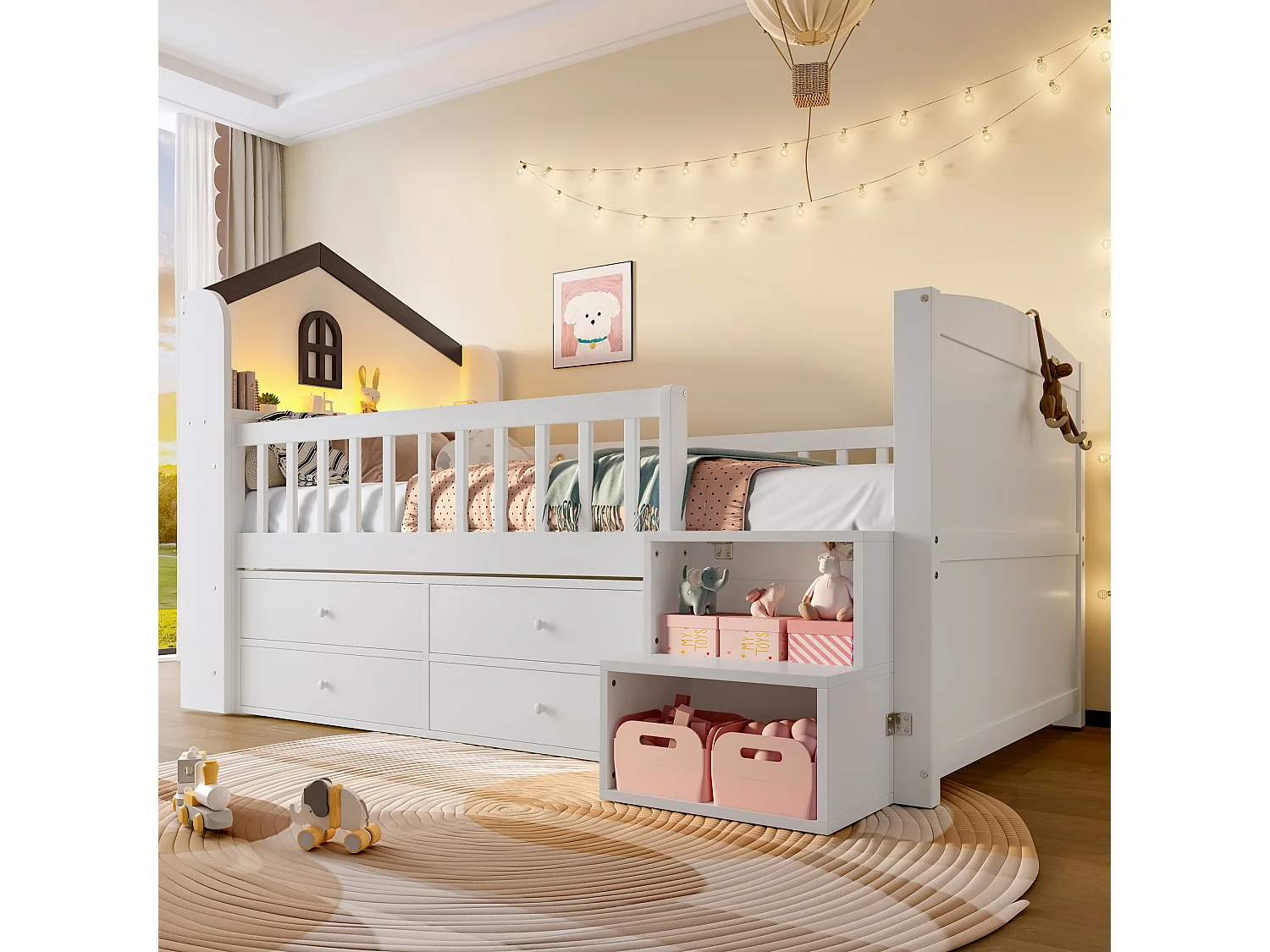 Lit mi-hauteur 90x200 cm en forme de maison avec fenêtres, 4 tiroirs, bande LED, échelle de rangement, sans matelas, Blanc