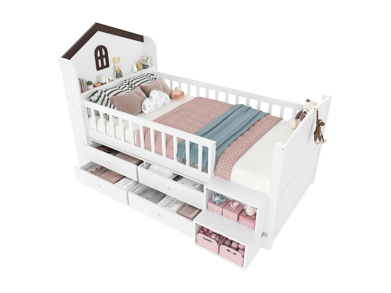Lit mi-hauteur 90x200 cm en forme de maison avec fenêtres, 4 tiroirs, bande LED, échelle de rangement, sans matelas, Blanc