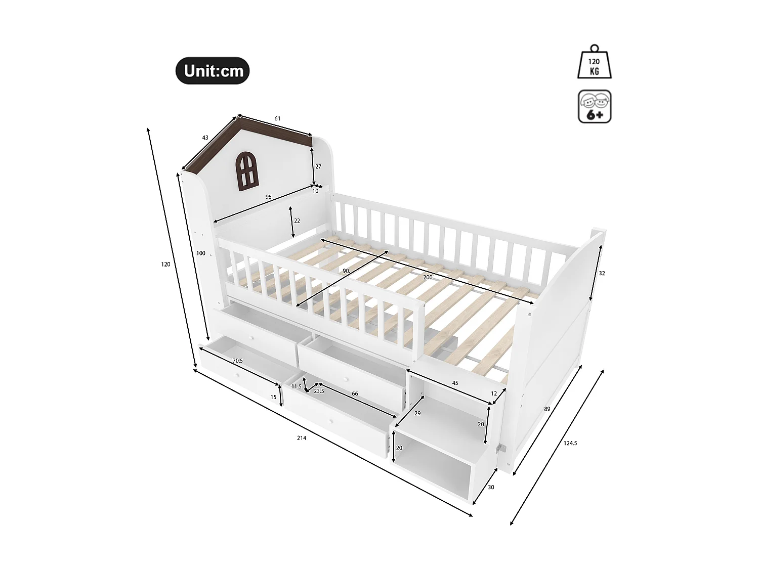 Lit mi-hauteur 90x200 cm en forme de maison avec fenêtres, 4 tiroirs, bande LED, échelle de rangement, sans matelas, Blanc