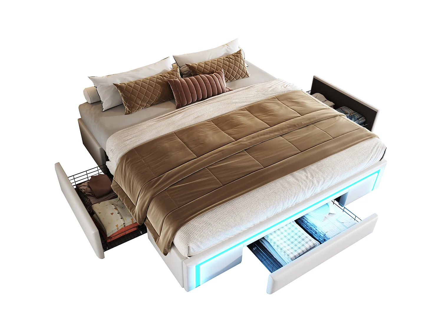 Lit 180×200 cm en PU cuir beige avec tiroirs, sans tête de lit et éclairage LED intégré