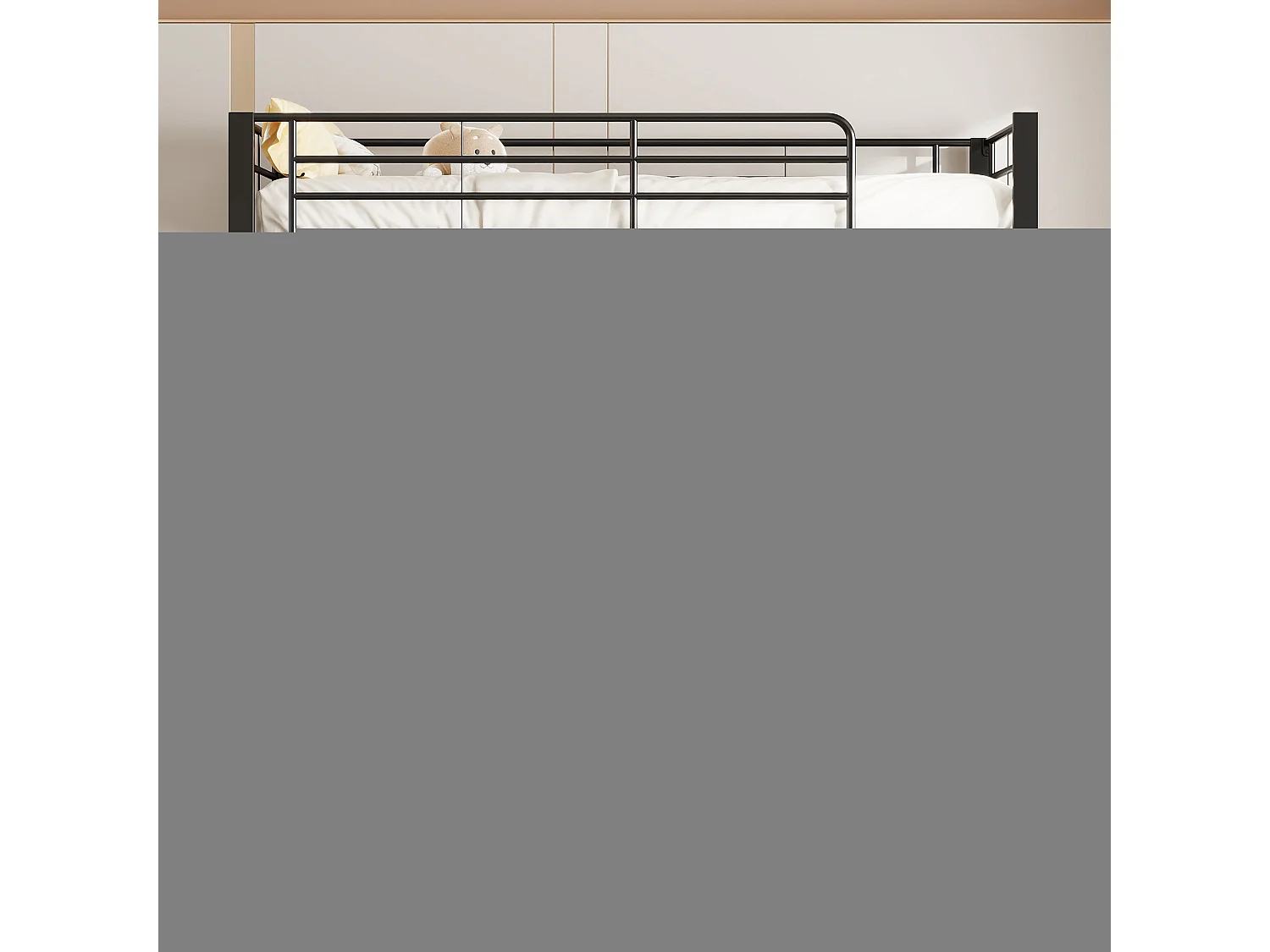 Lit mezzanine 90x200 cm en métal noir, avec LED, bureau, étagères, ports USB et prise, sans matelas
