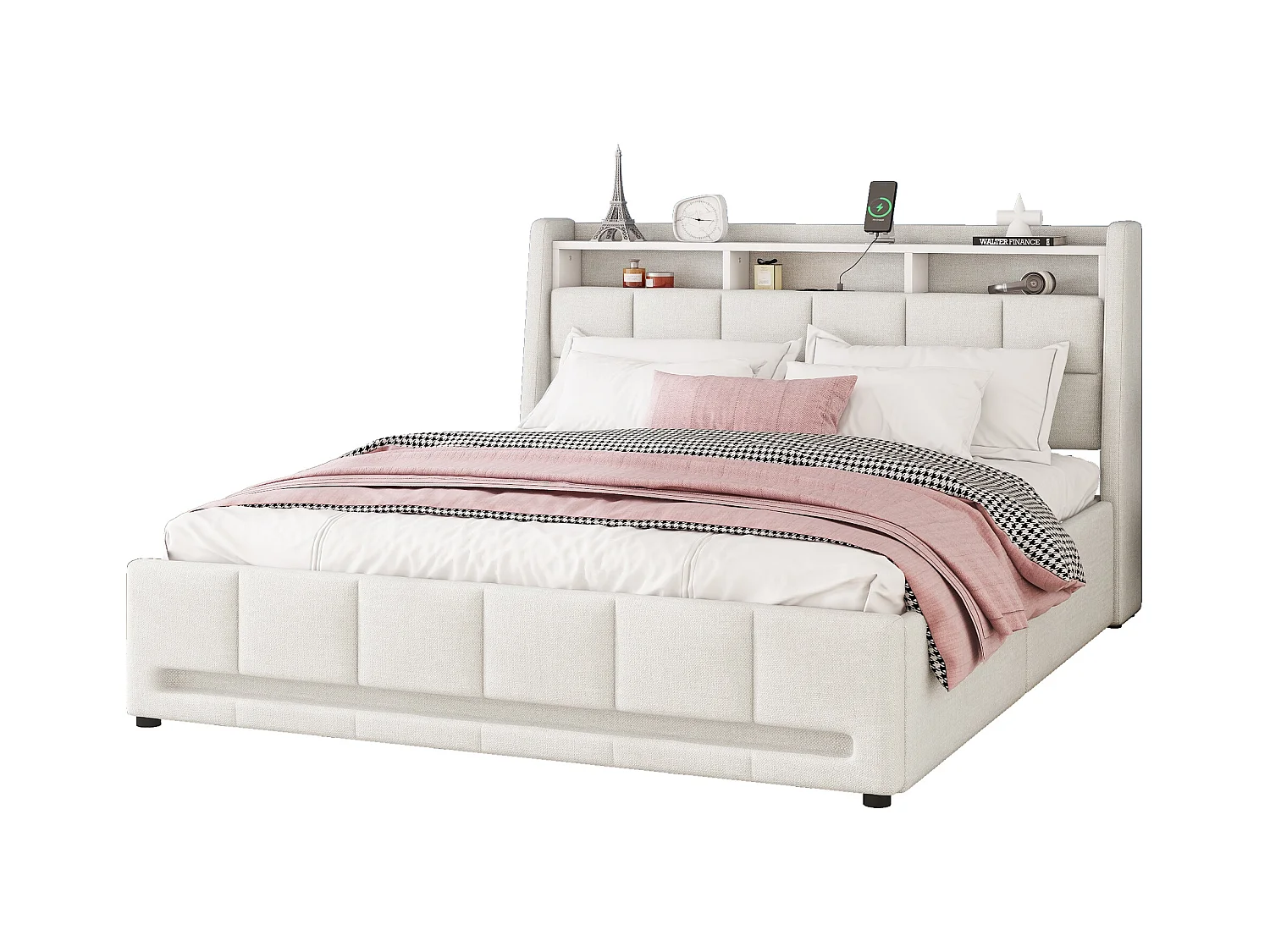 Lit rembourré 140x200 cm beige, en lin, avec LED à télécommande, tiroirs, prise USB et grand espace de rangement