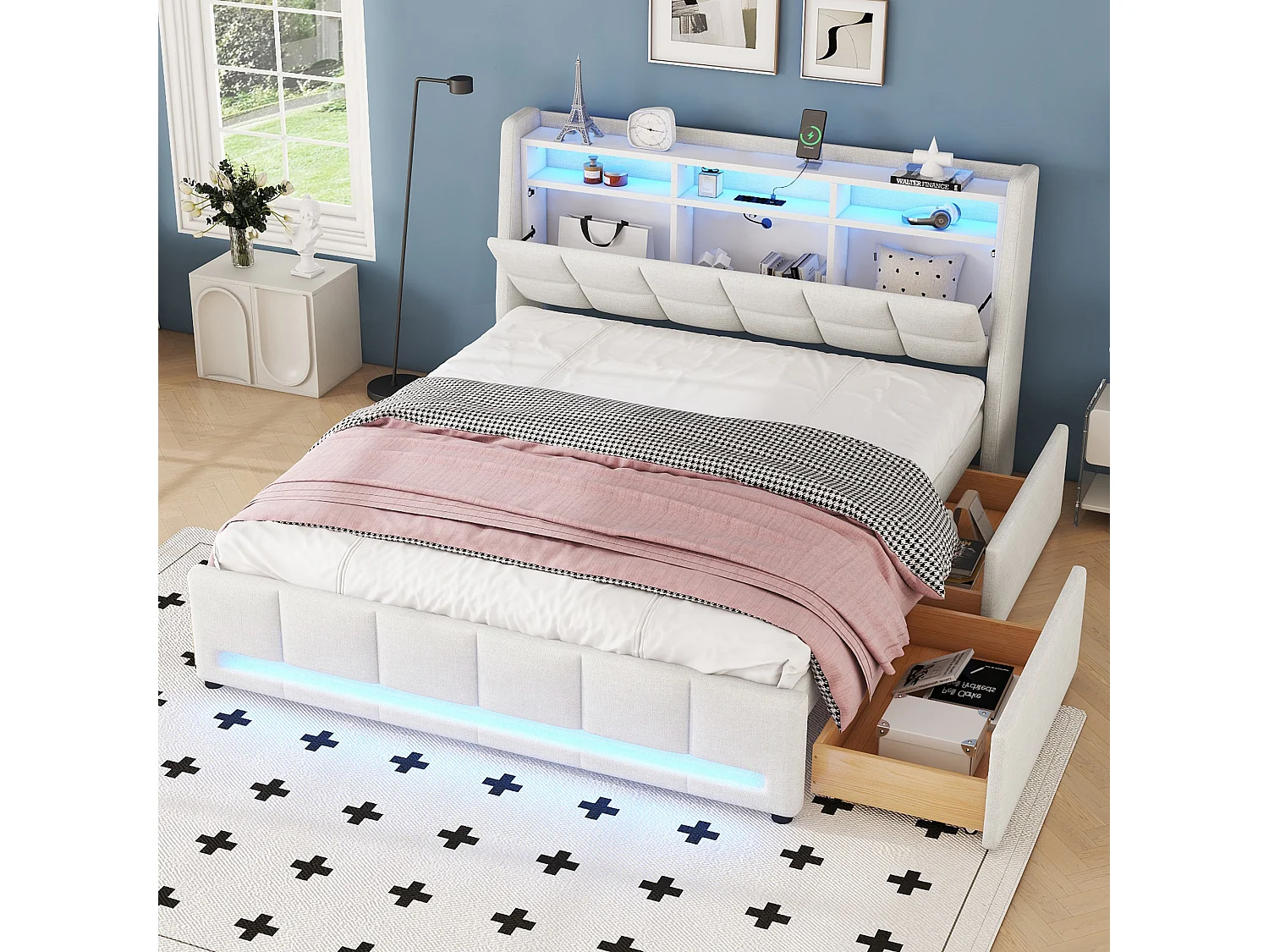 Lit rembourré 140x200 cm beige, en lin, avec LED à télécommande, tiroirs, prise USB et grand espace de rangement