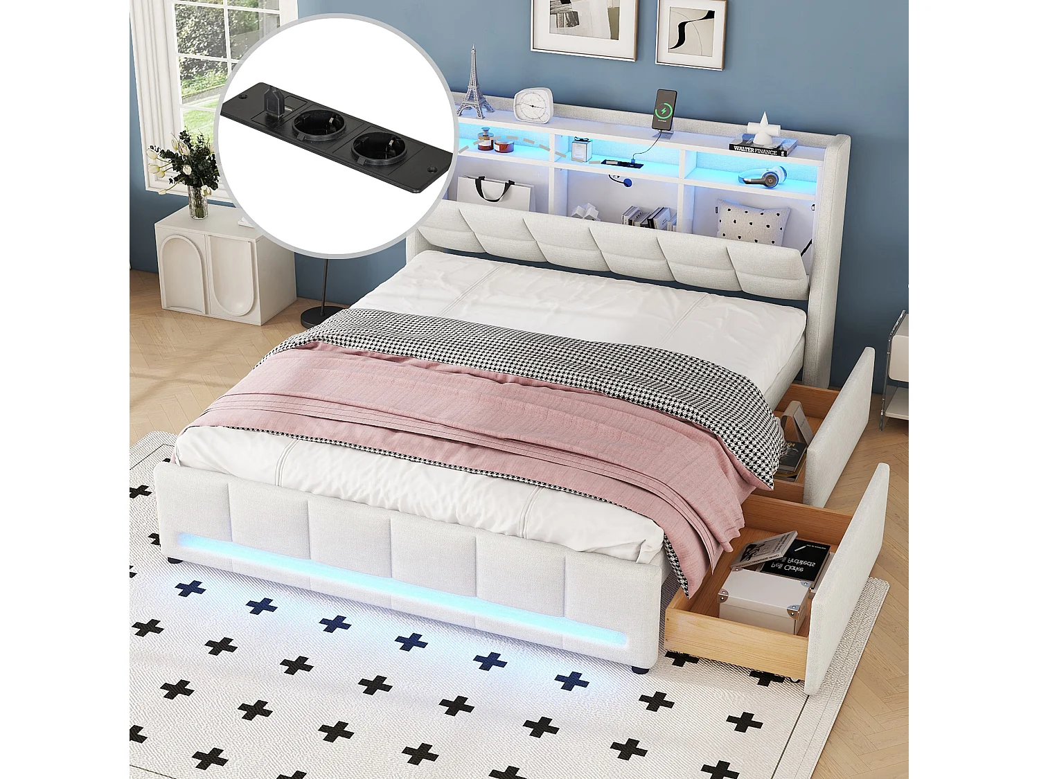 Lit rembourré 140x200 cm beige, en lin, avec LED à télécommande, tiroirs, prise USB et grand espace de rangement