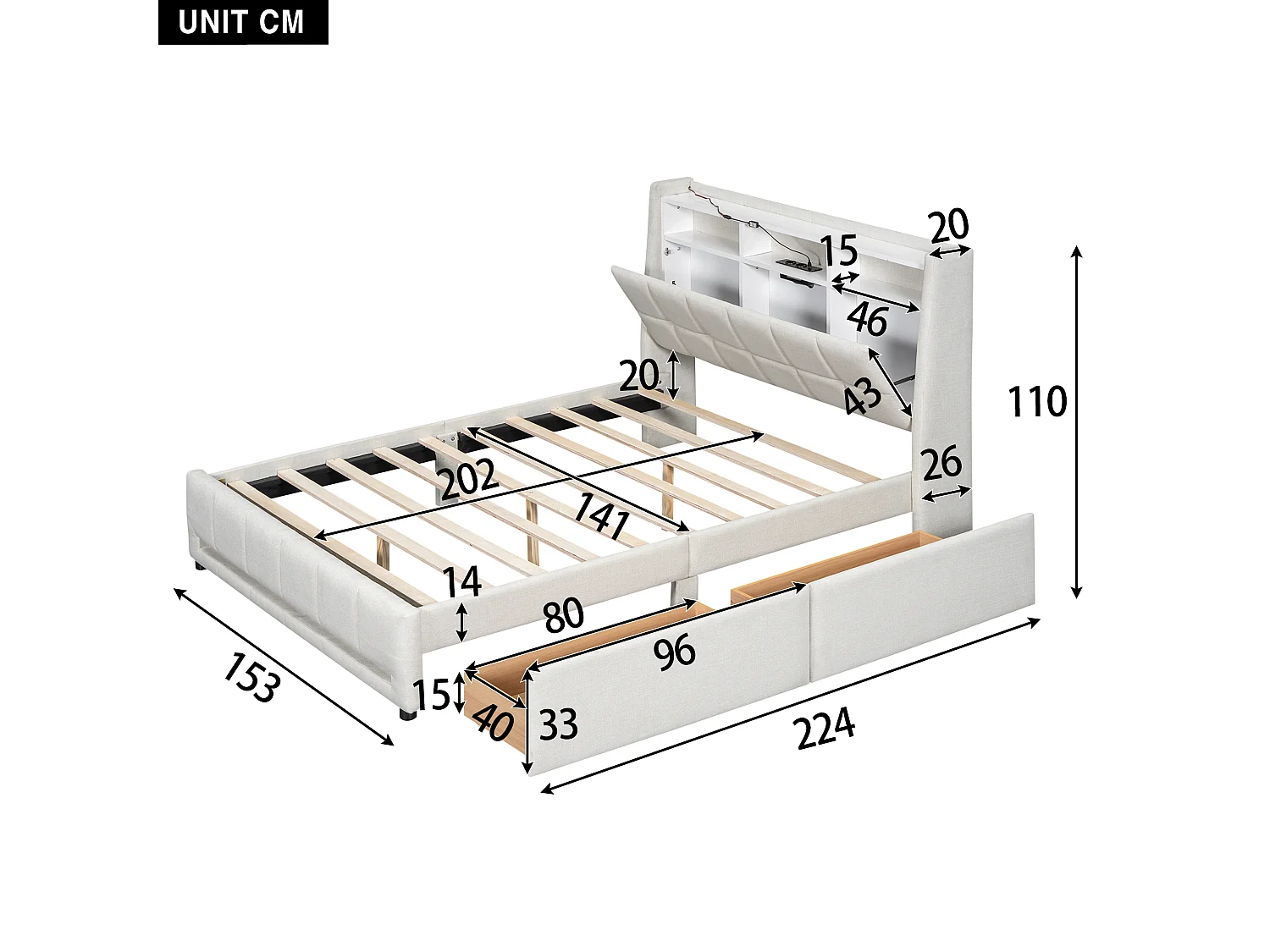 Lit rembourré 140x200 cm beige, en lin, avec LED à télécommande, tiroirs, prise USB et grand espace de rangement