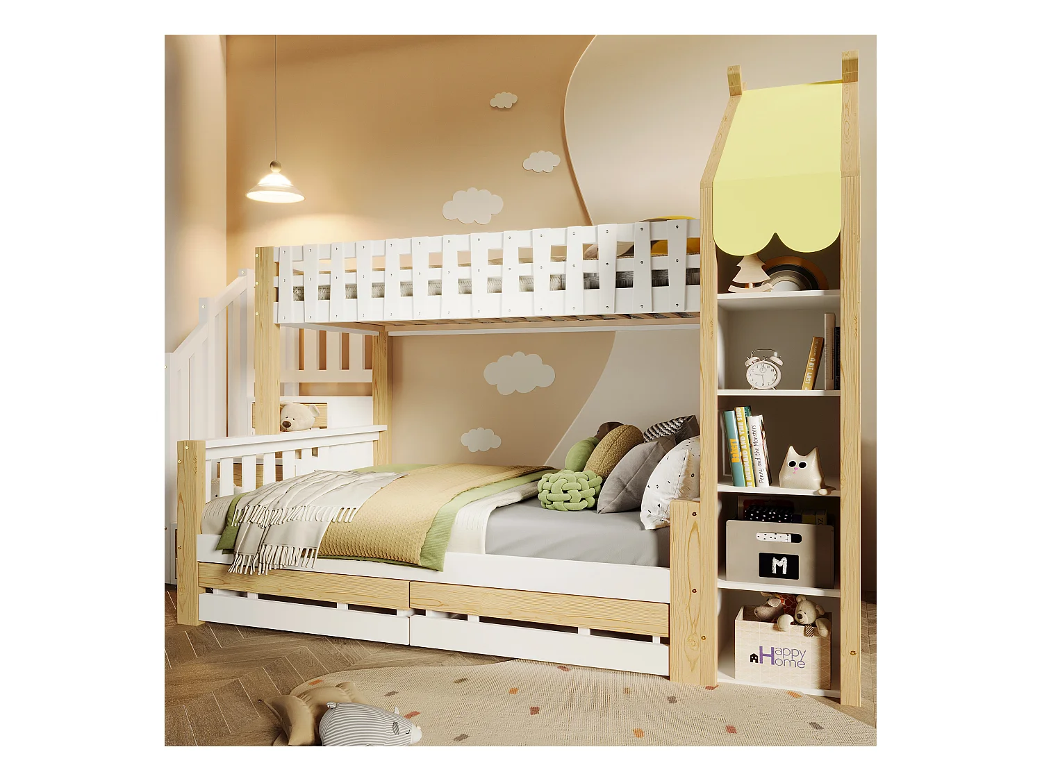 Lit superposé 90x200 cm + 140x200 cm avec barrières, échelle de rangement, 2 tiroirs, clôture irrégulière, sans matelas, Blanc + Nature