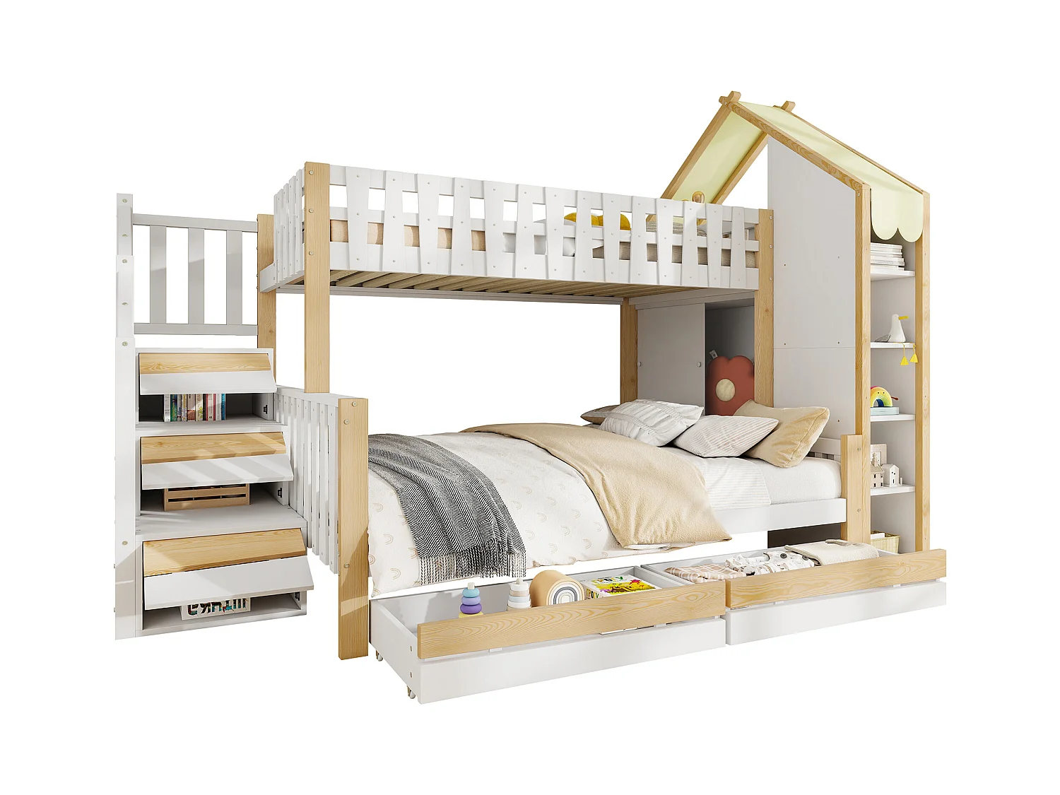 Lit superposé 90x200 cm + 140x200 cm avec barrières, échelle de rangement, 2 tiroirs, clôture irrégulière, sans matelas, Blanc + Nature