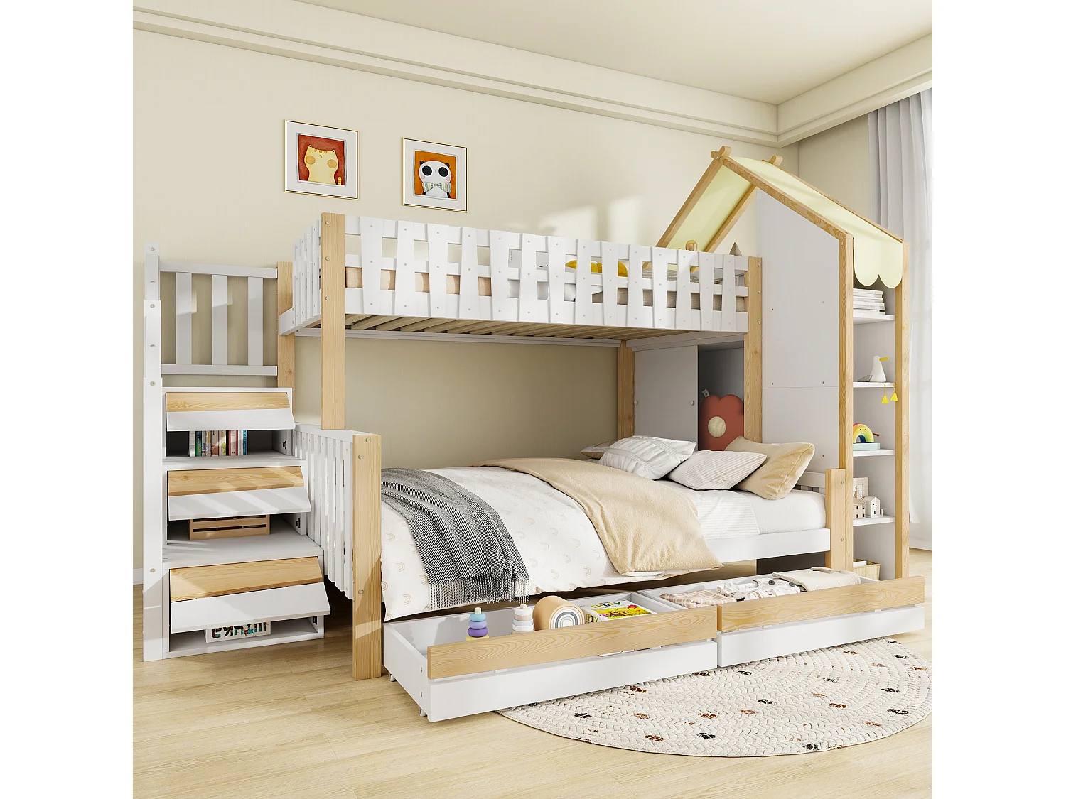 Lit superposé 90x200 cm + 140x200 cm avec barrières, échelle de rangement, 2 tiroirs, clôture irrégulière, sans matelas, Blanc + Nature