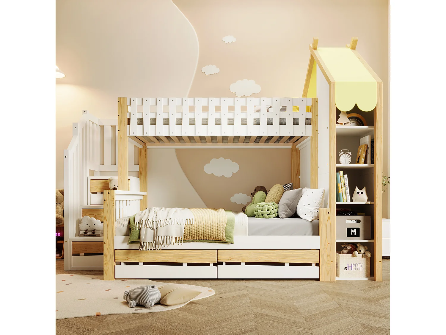 Lit superposé 90x200 cm + 140x200 cm avec barrières, échelle de rangement, 2 tiroirs, clôture irrégulière, sans matelas, Blanc + Nature