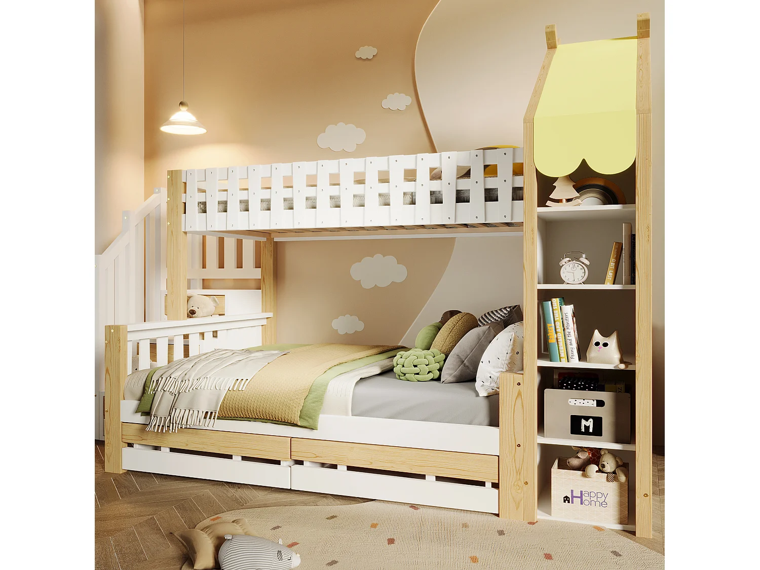 Lit superposé 90x200 cm + 140x200 cm avec barrières, échelle de rangement, 2 tiroirs, clôture irrégulière, sans matelas, Blanc + Nature