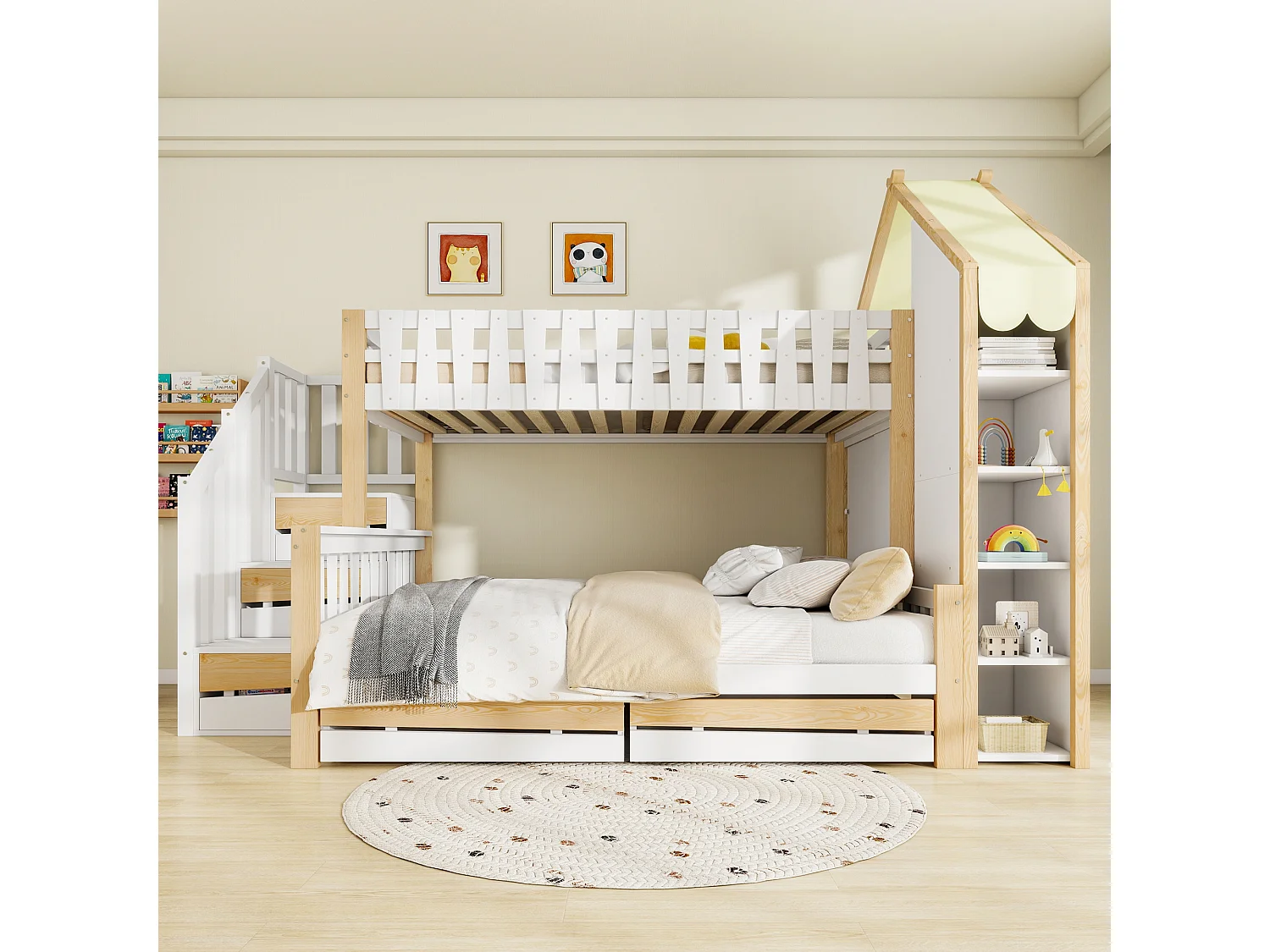 Lit superposé 90x200 cm + 140x200 cm avec barrières, échelle de rangement, 2 tiroirs, clôture irrégulière, sans matelas, Blanc + Nature