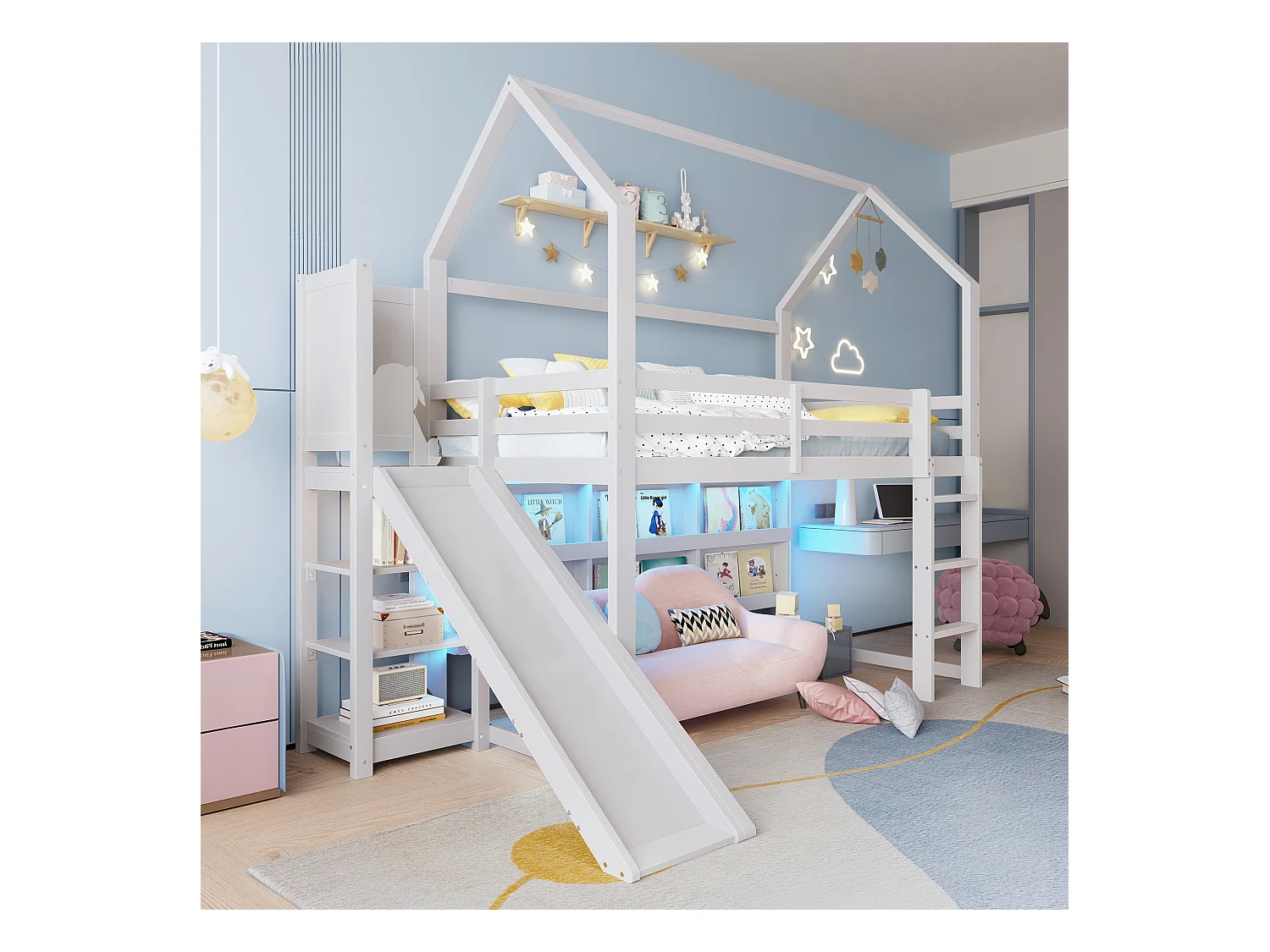 Lit mezzanine 90x200 cm avec LED, forme maison, étagères, clôture, sans matelas, Blanc